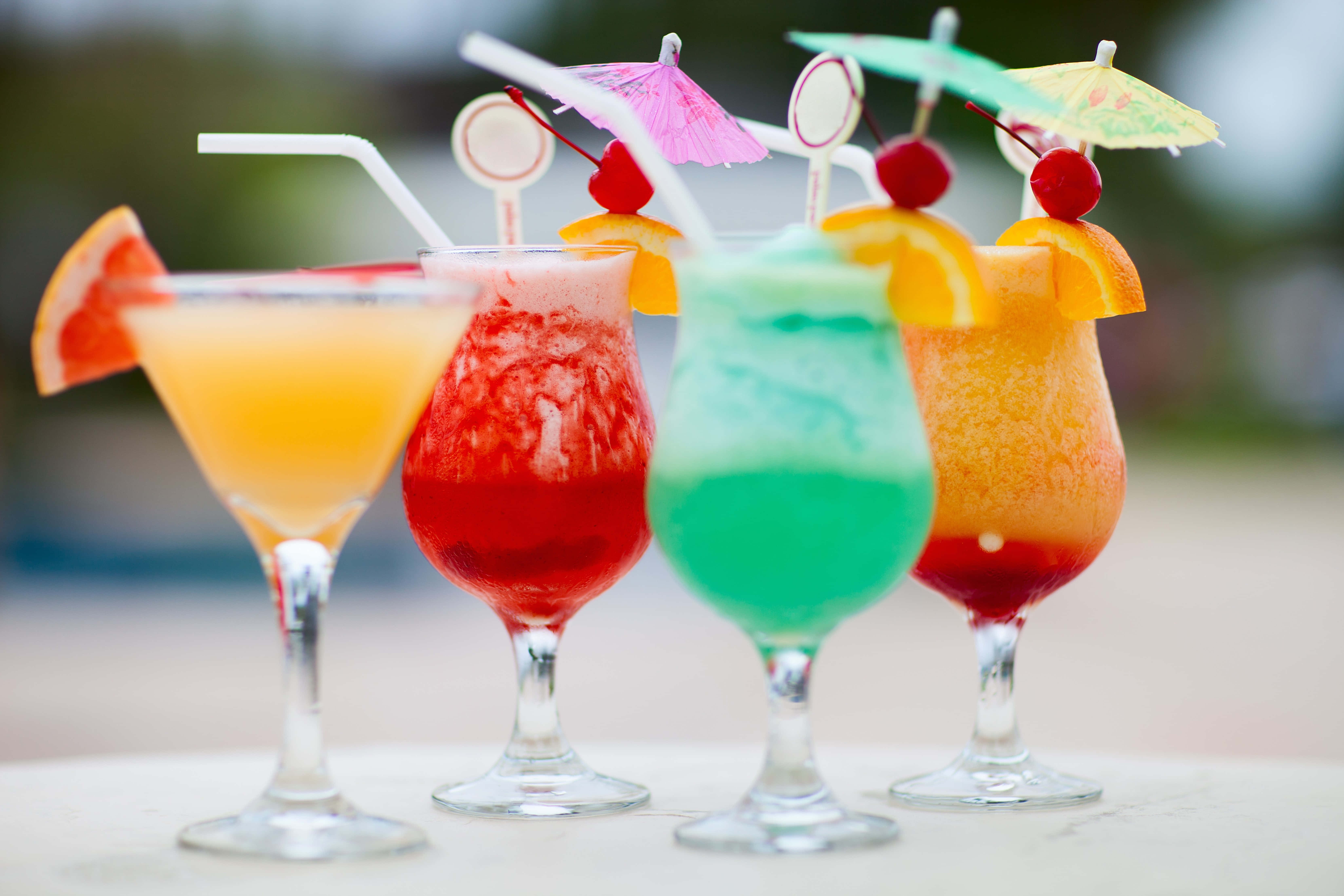 tropical slushy drinks, colorful glasses, fruit, 5K Desktop Wallpaper