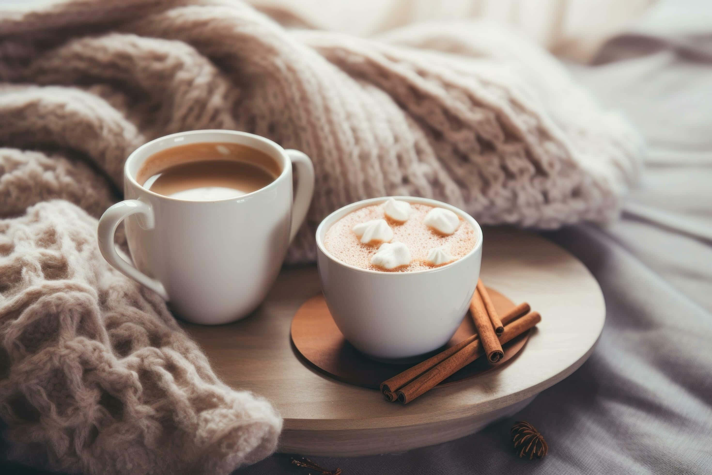 Cozy Warm Drinks Knitted Blanket, white mugs, cinnamon sticks, 2K Desktop Wallpaper