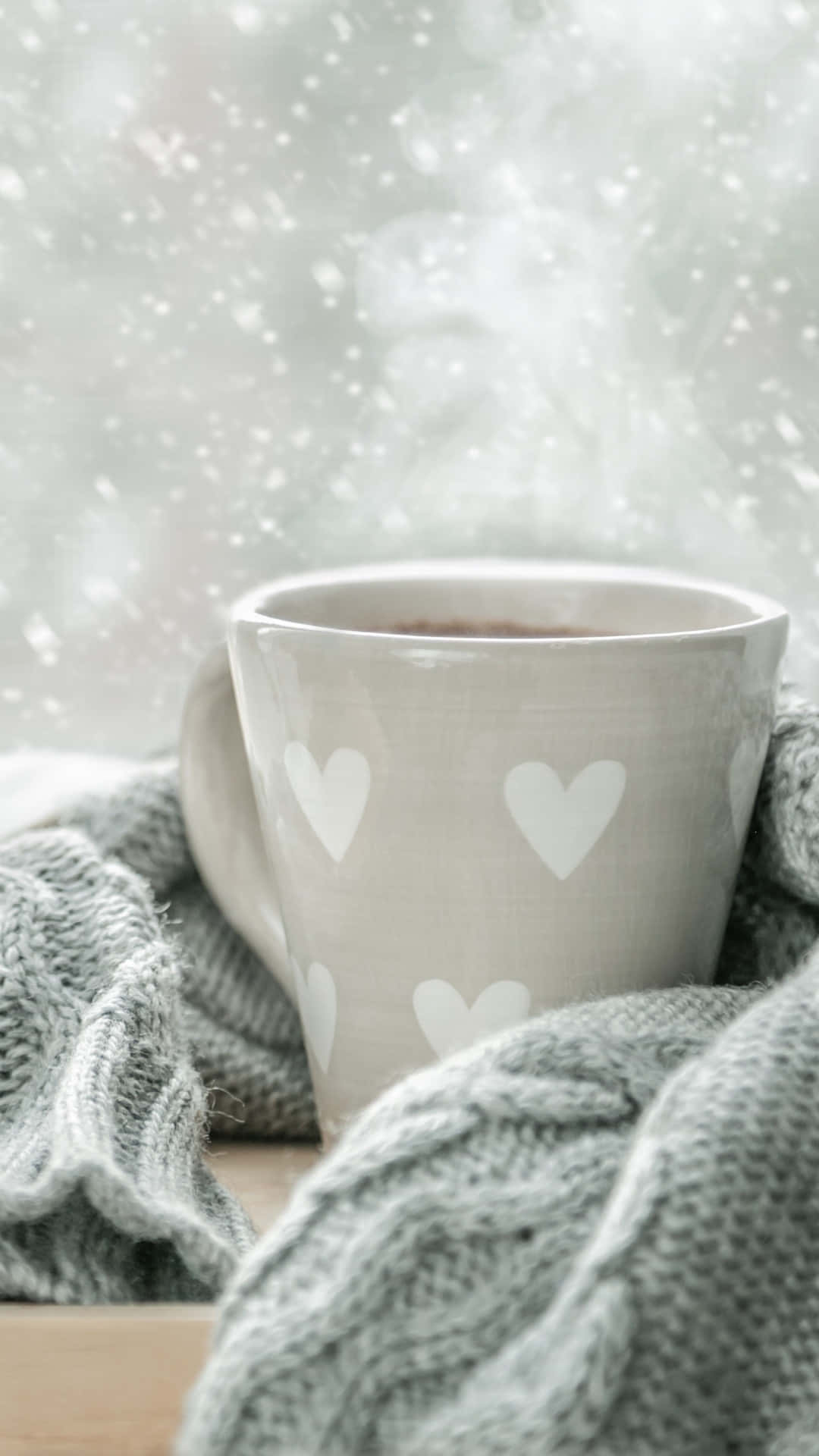 cozy winter mug, white hearts, gray knit blanket, Full HD Phone Wallpaper
