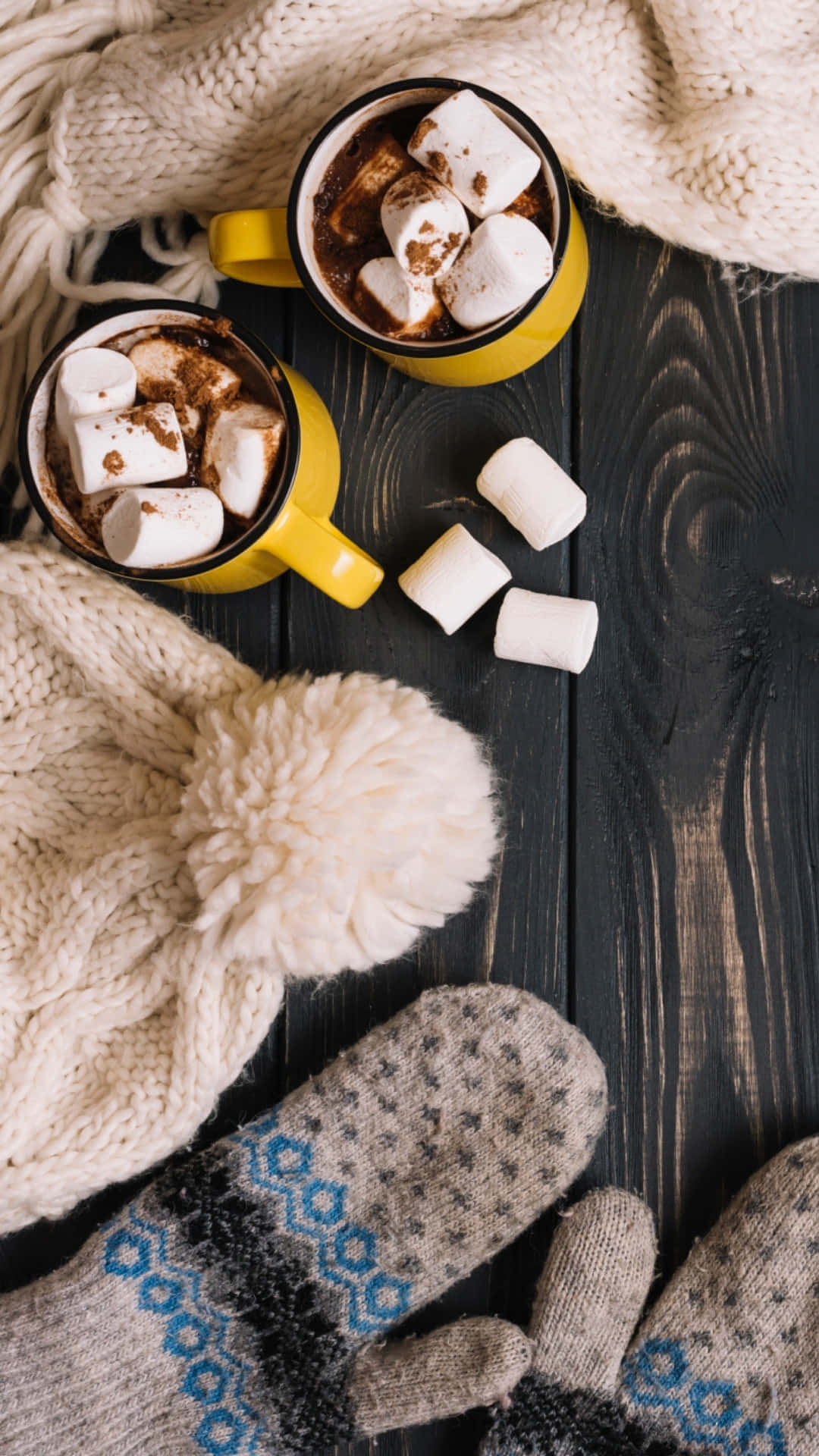 hot chocolate, marshmallows, dark wooden table, Full HD Phone Wallpaper