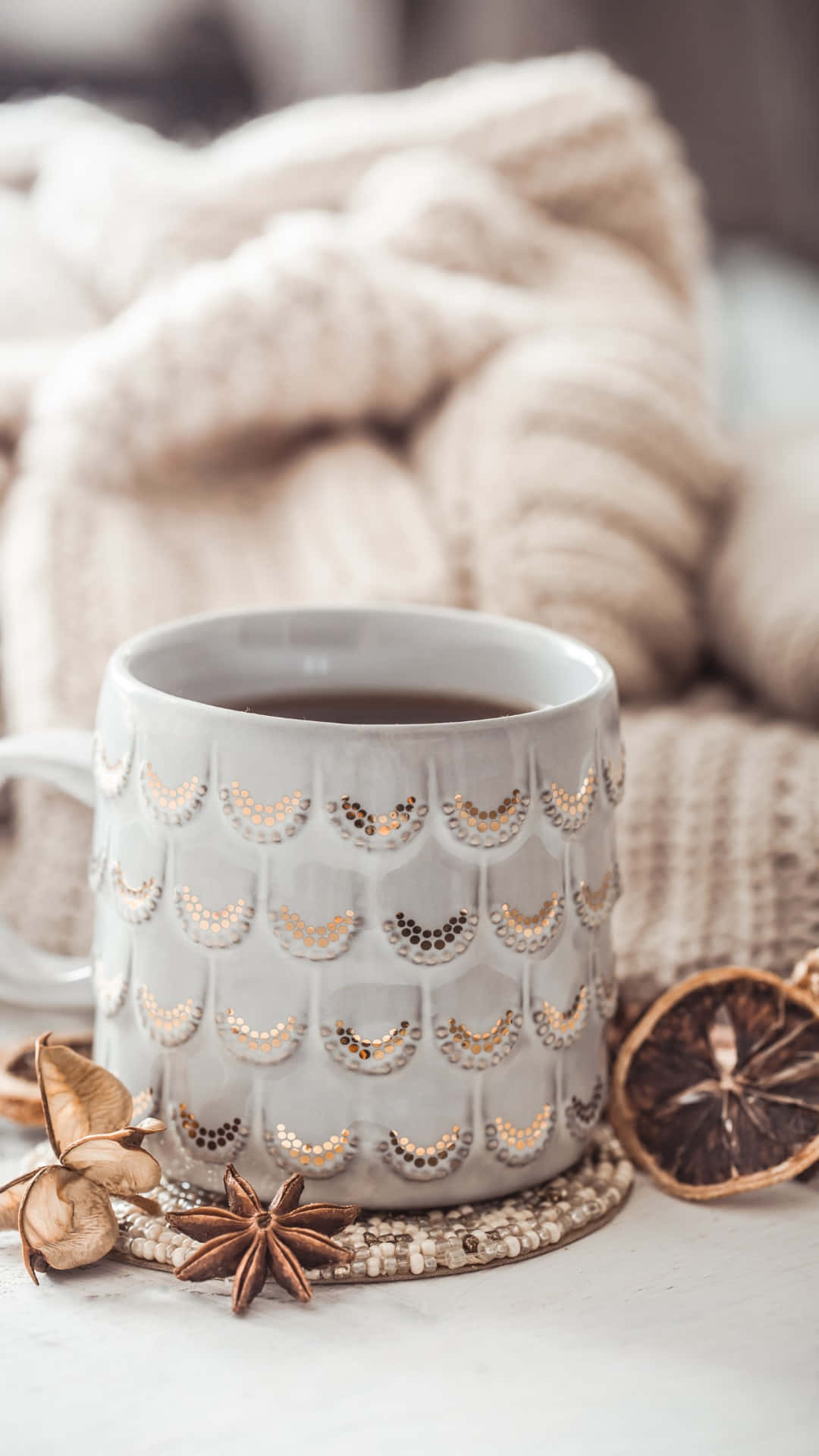 white textured mug, gold crescent patterns, dark tea, Full HD Phone Wallpaper