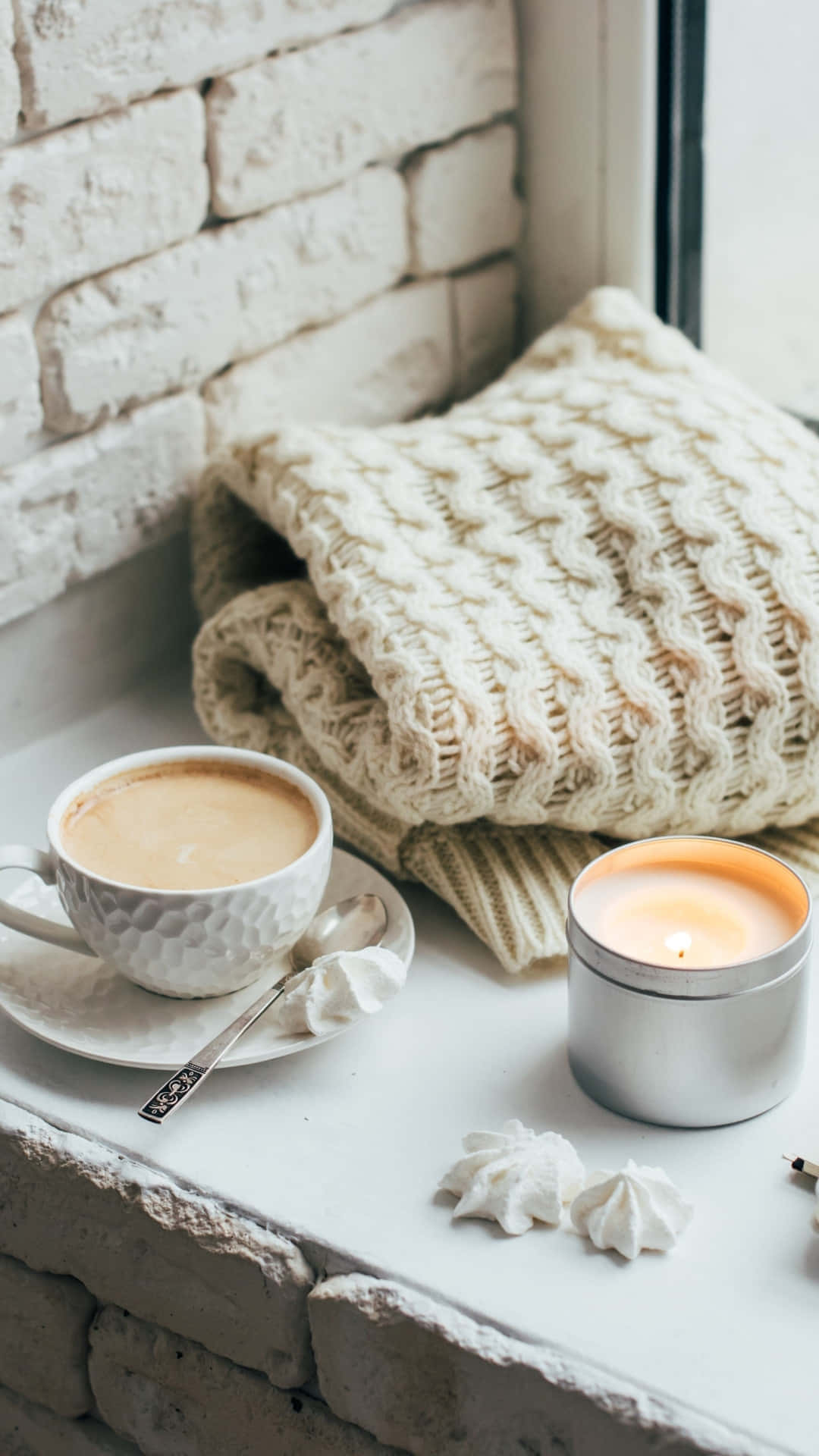cozy winter comforts, steaming cup of coffee, lit candle, Full HD Phone Wallpaper