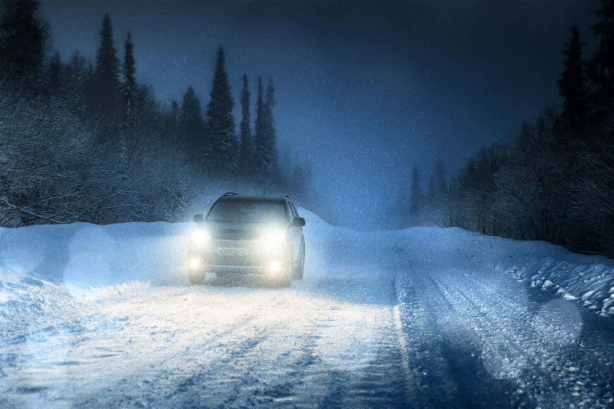 snow-covered SUV, blizzard, night, SD Desktop Wallpaper