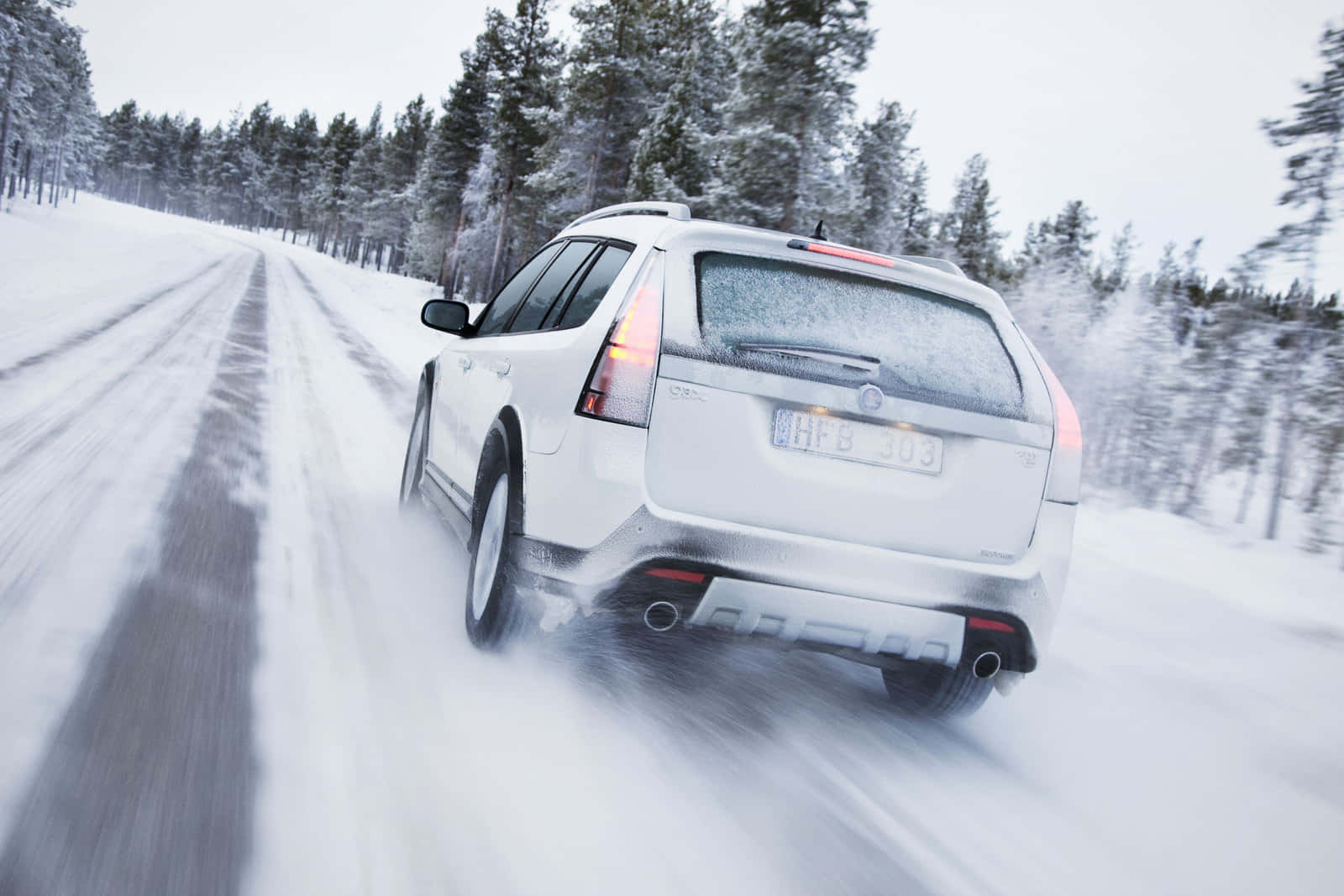 white SUV, snowy forest road, pine trees, HD Desktop Wallpaper