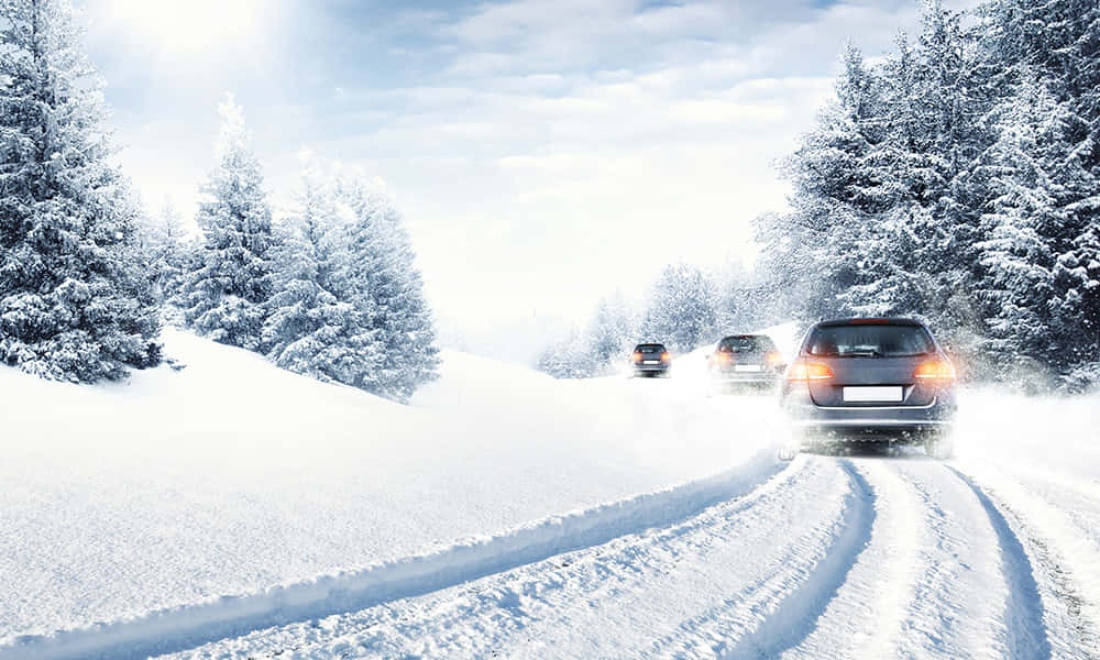 Snowy Winter Drive, snowy forest road, snow-covered trees, SD Desktop Wallpaper