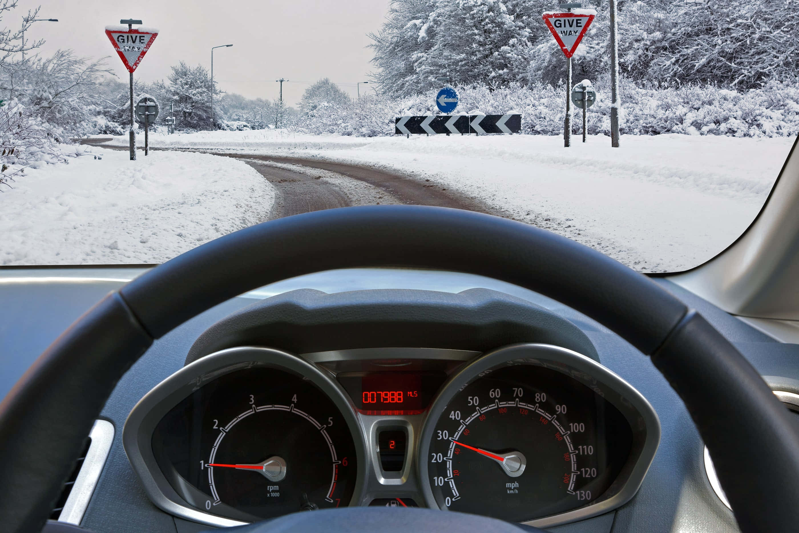 Winter Driving, snow-covered road, car, 2K Desktop Wallpaper