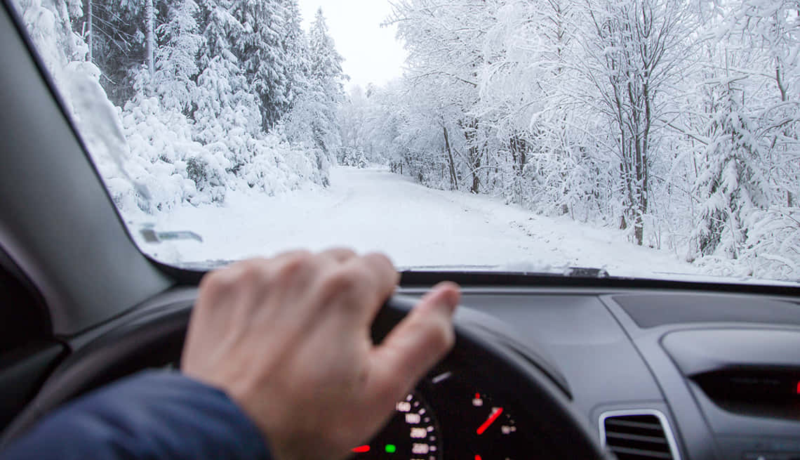 snow-covered forest road, winter wonderland, steering wheel, SD Desktop Wallpaper