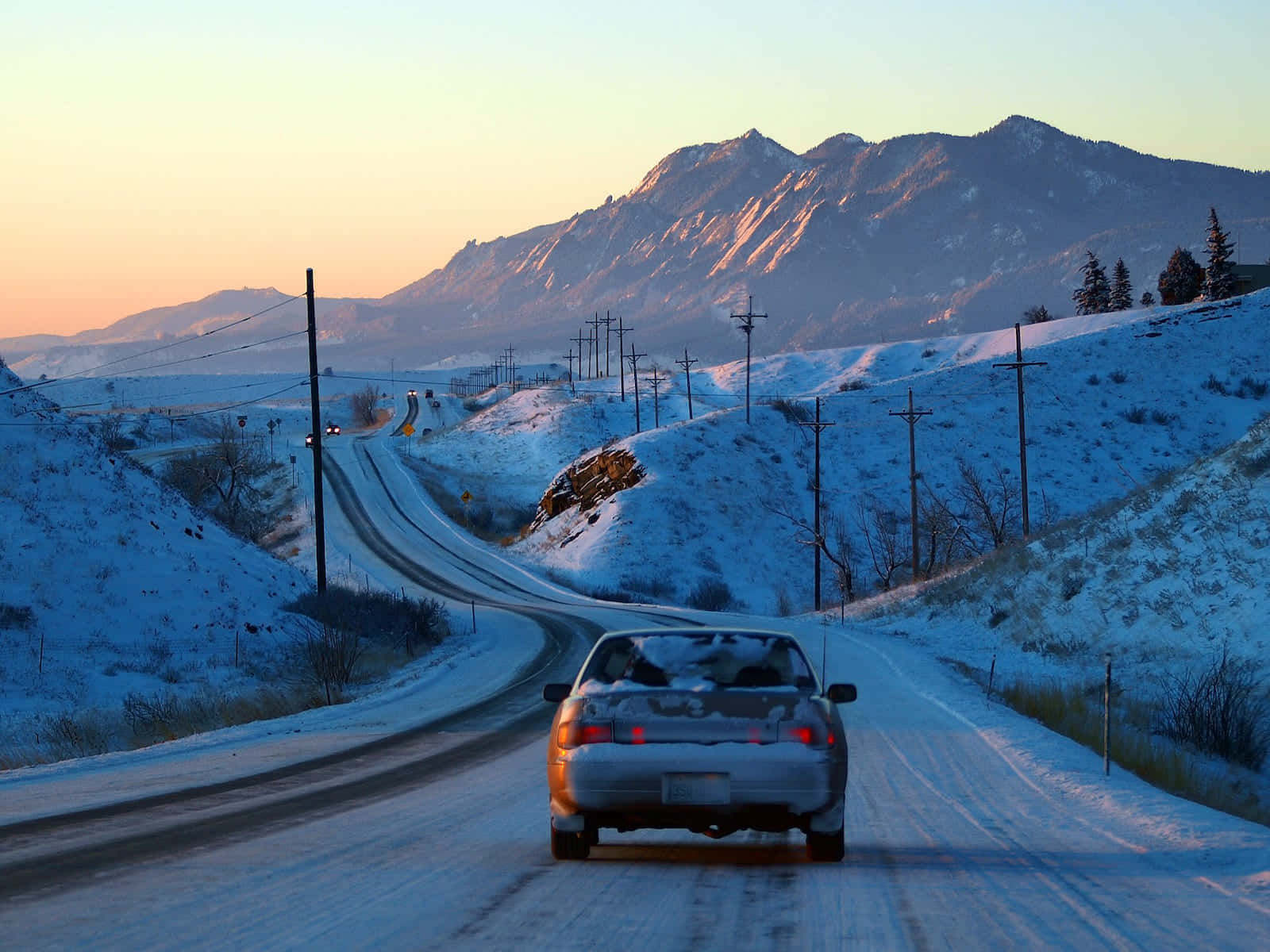 silver car, snow-covered mountain road, sunset, HD Desktop Wallpaper
