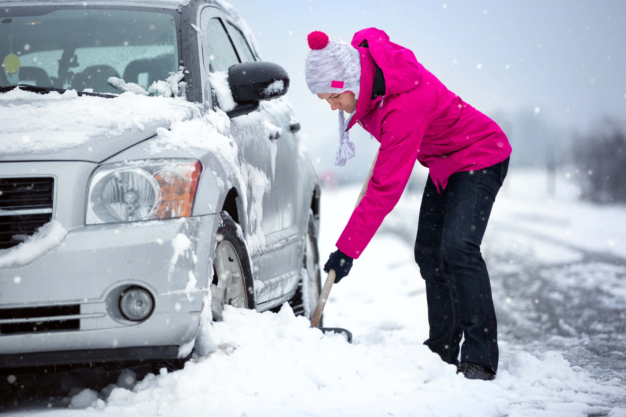 snowy road, silver car, bright pink jacket, Full HD Desktop Wallpaper