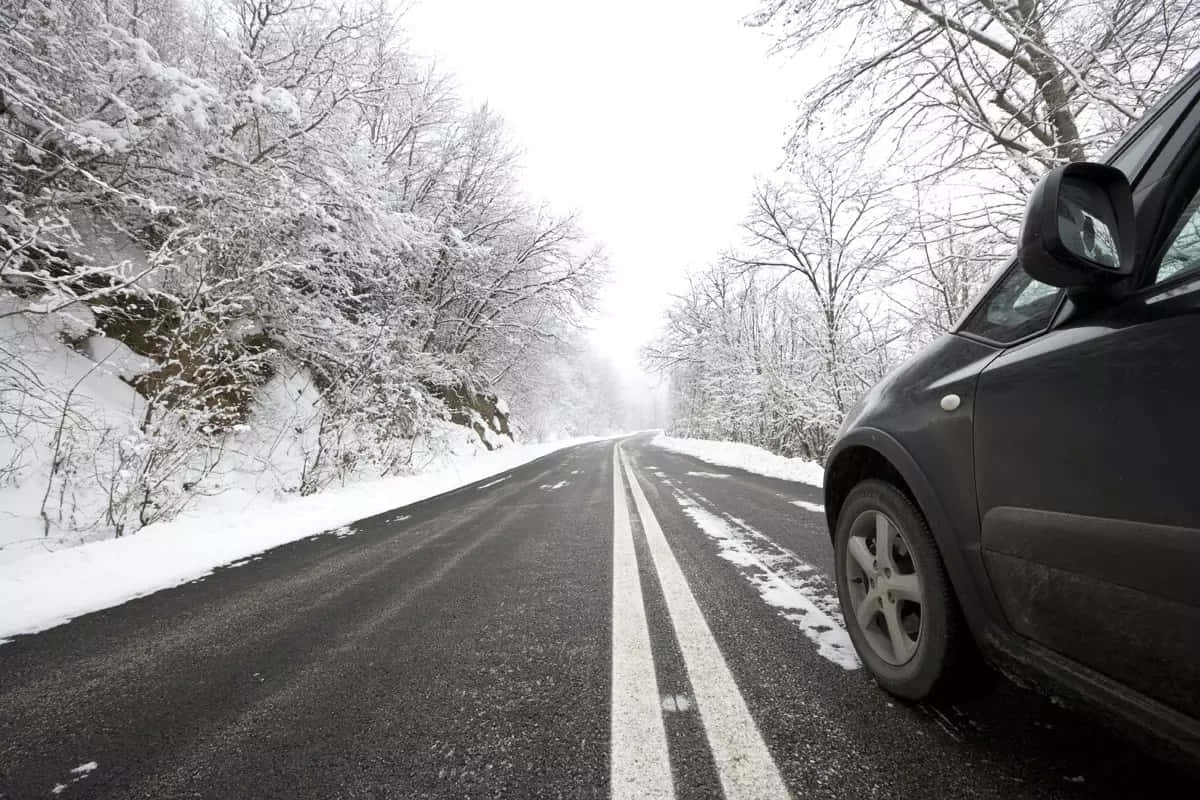 snowy winter road, frost-covered trees, overcast winter sky, SD Desktop Wallpaper