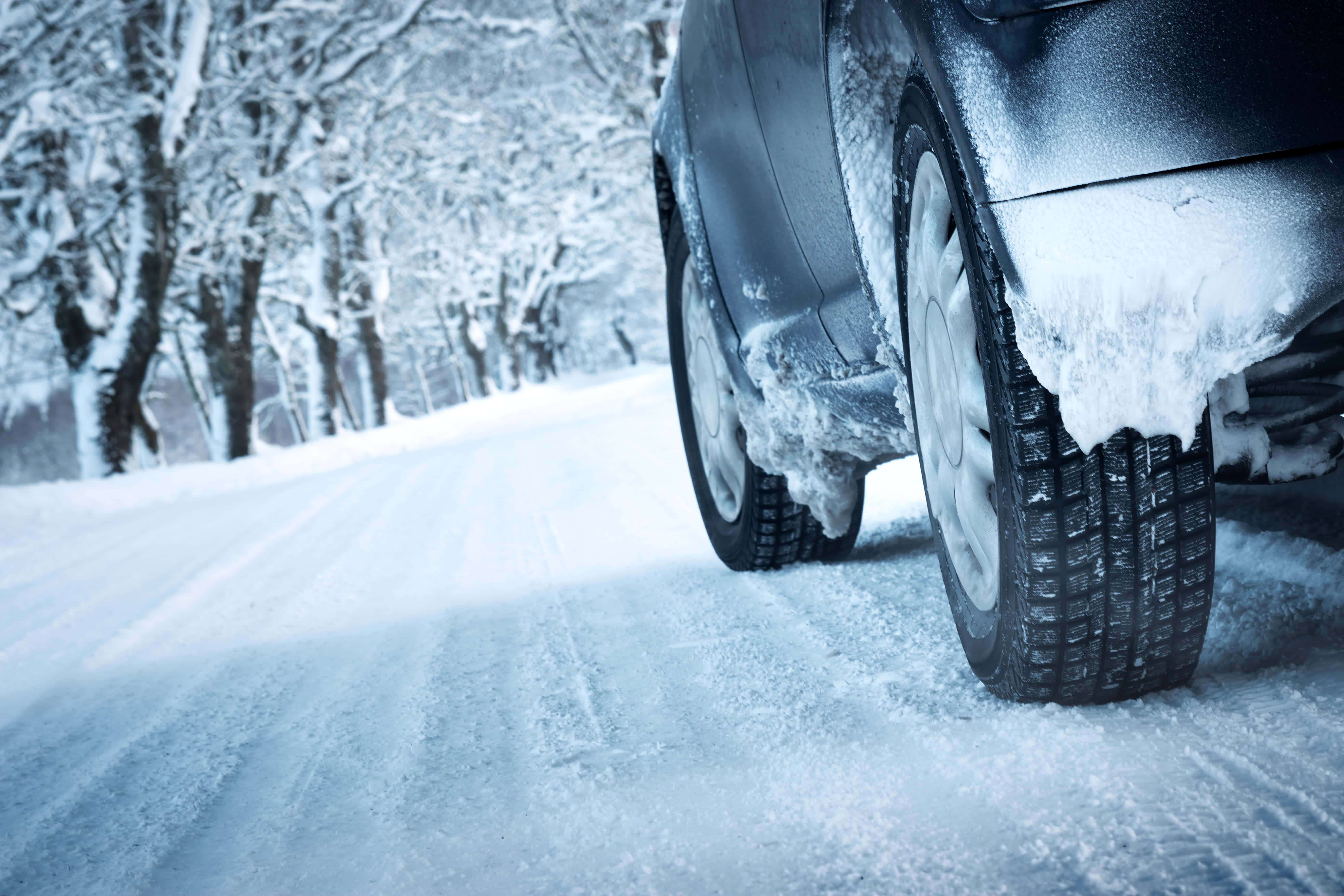 snow-covered car, frozen road, snow-draped trees, 5K Desktop Wallpaper
