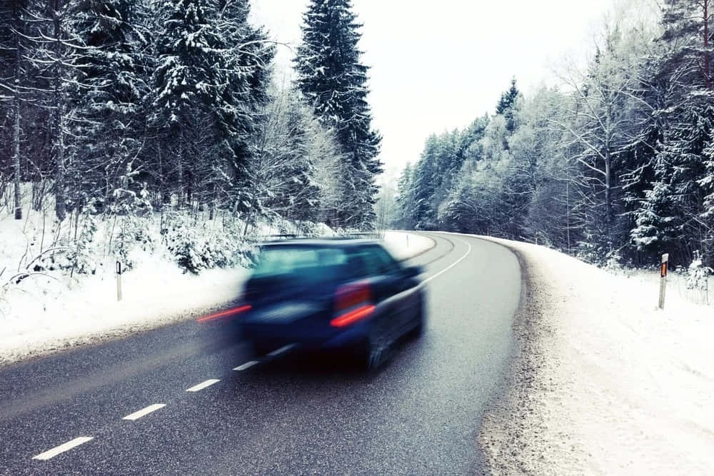 Winter Driving, snowy forest road, pine trees, SD Desktop Wallpaper