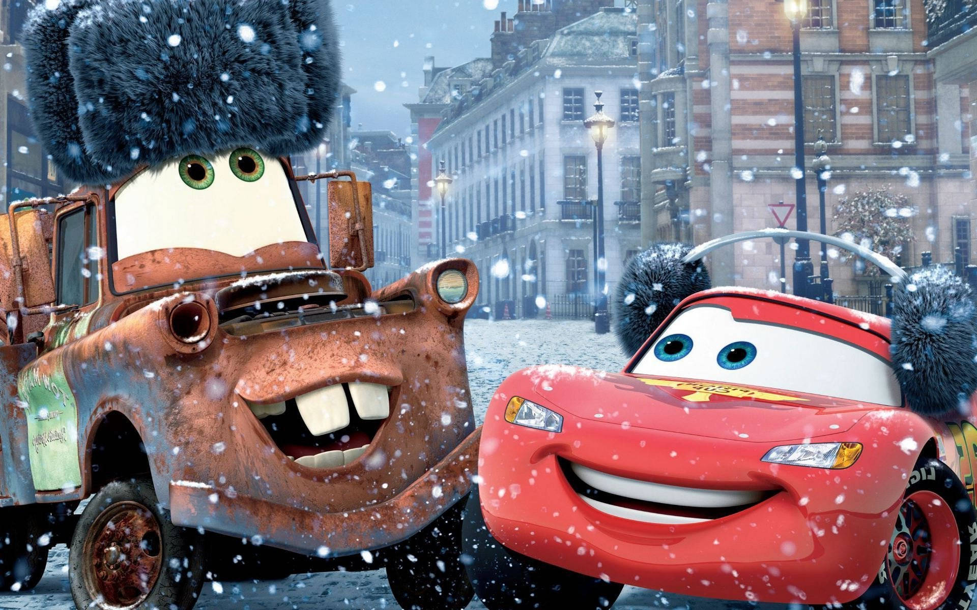 Winter Season Cars 2, furry winter hats, snowy European city street, Full HD Desktop Wallpaper