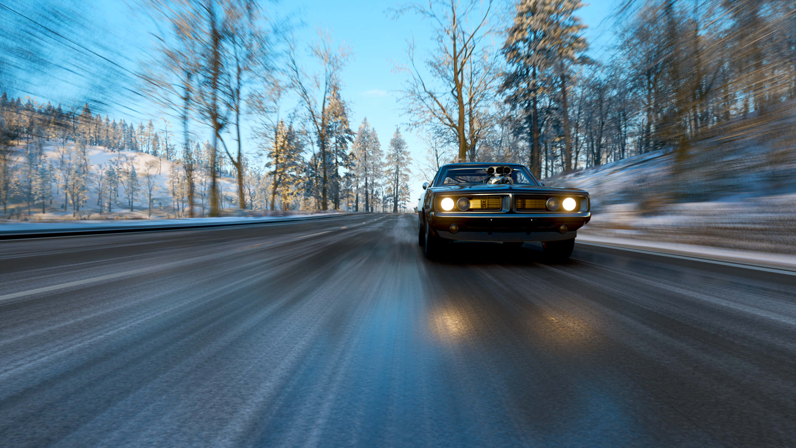 muscle car, snowy forest road, motion blur, 2K Desktop Wallpaper