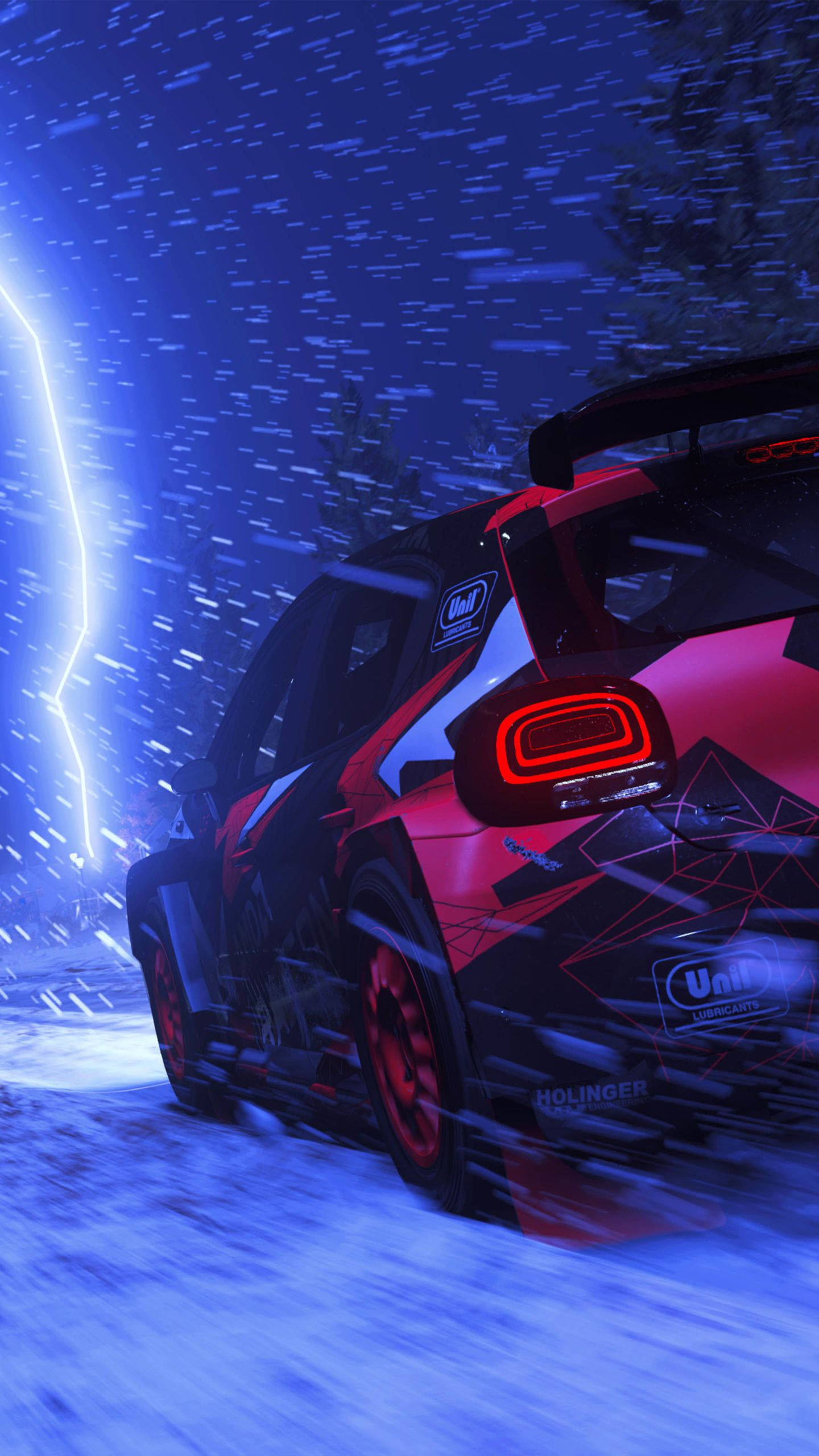 red rally car, snowy forest, night, 2K Phone Wallpaper