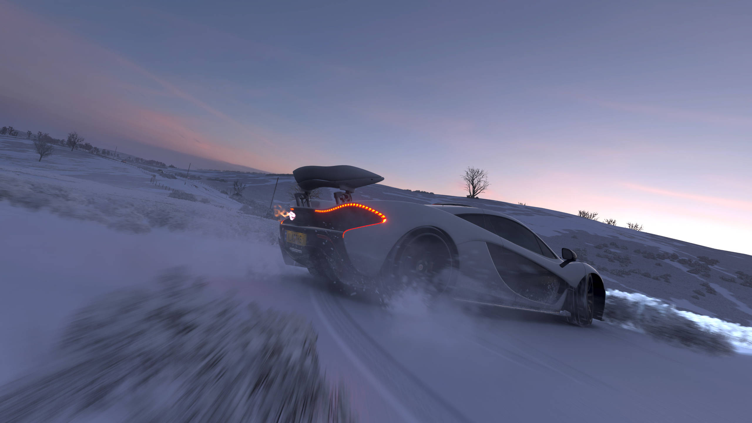 white sports car, snowy terrain, dusk, 2K Desktop Wallpaper