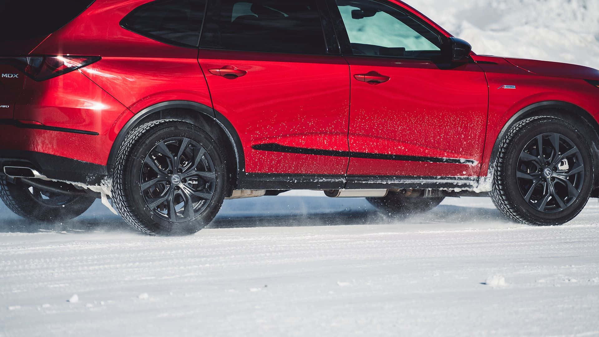 vibrant red SUV, black wheels, fresh snow, Full HD Desktop Wallpaper