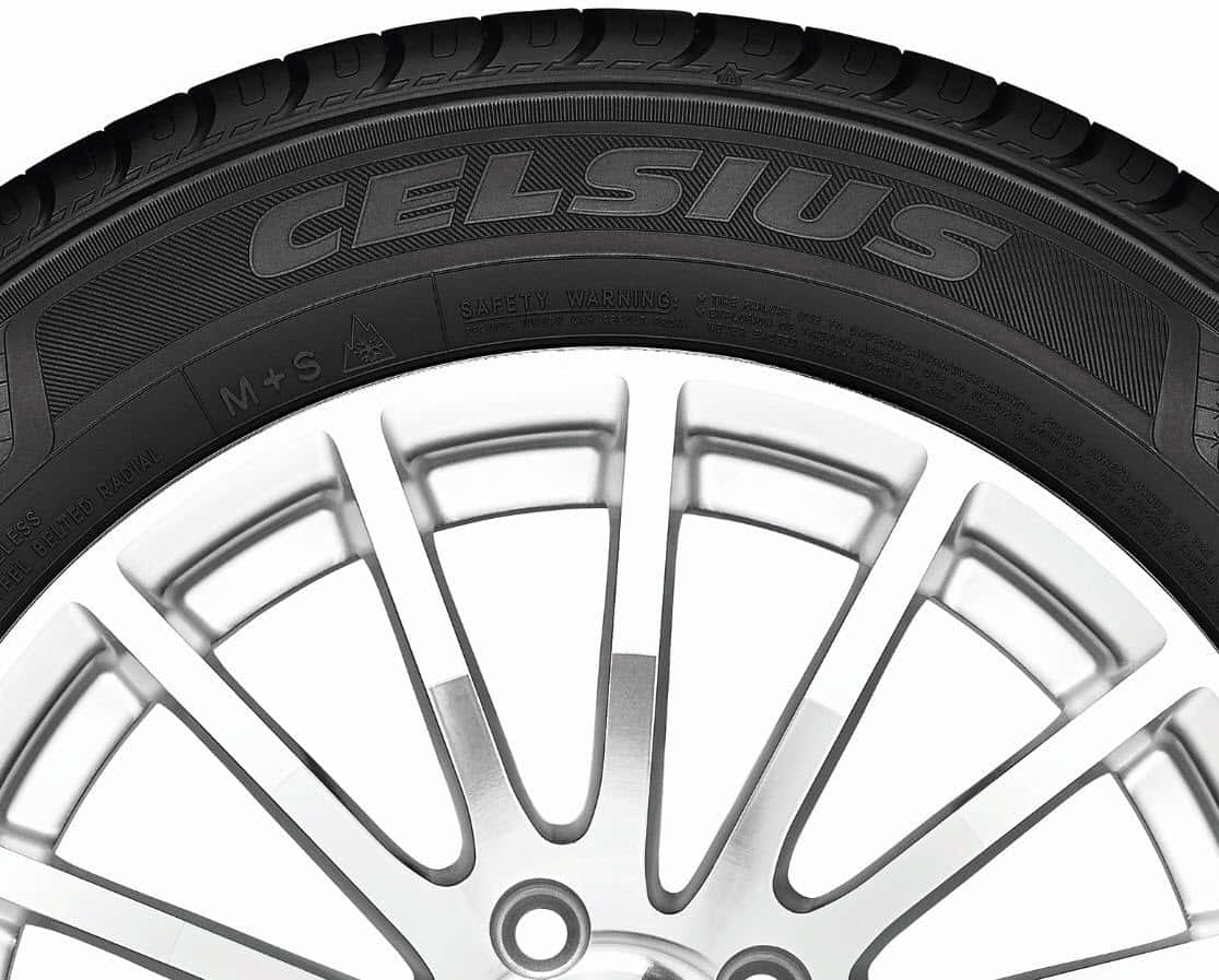 Celsius tire, silver multi-spoke alloy wheel, white background, SD Desktop Wallpaper