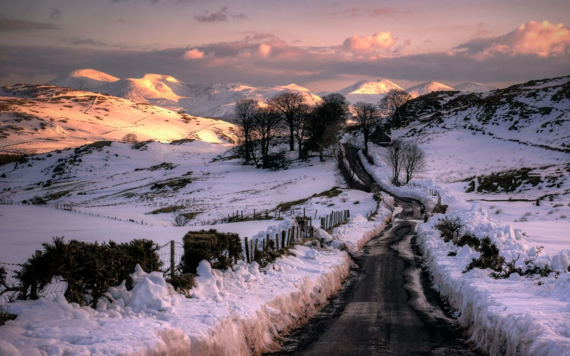 icy road, winding road, snow-covered hills, Full HD Desktop Wallpaper