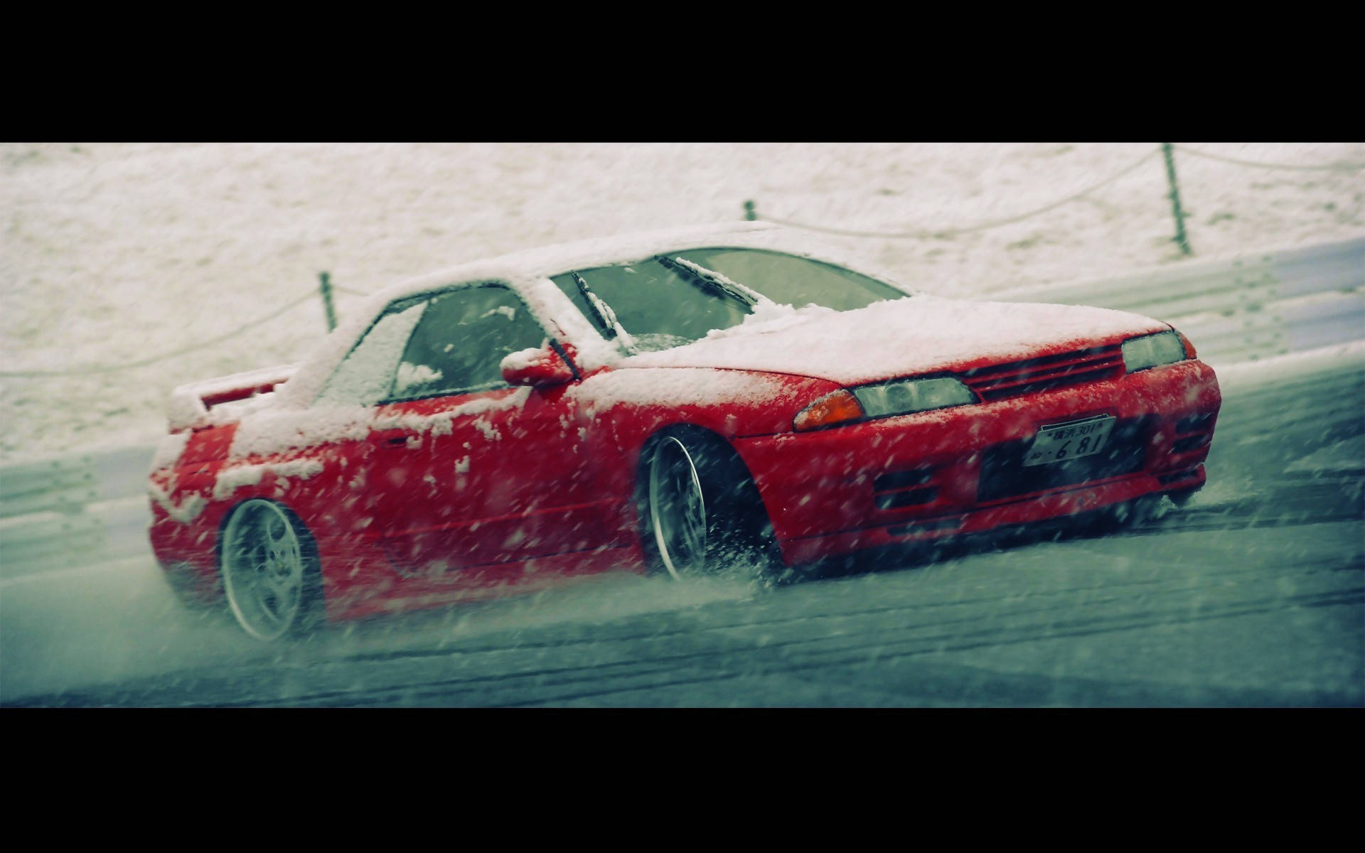 red sports car, snowy landscape, snowflakes, Full HD Desktop Wallpaper
