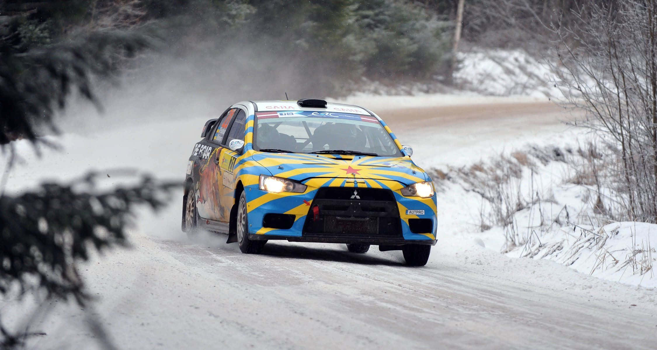 ice racing, vibrant blue and yellow rally car, winter forest, Full HD Desktop Wallpaper