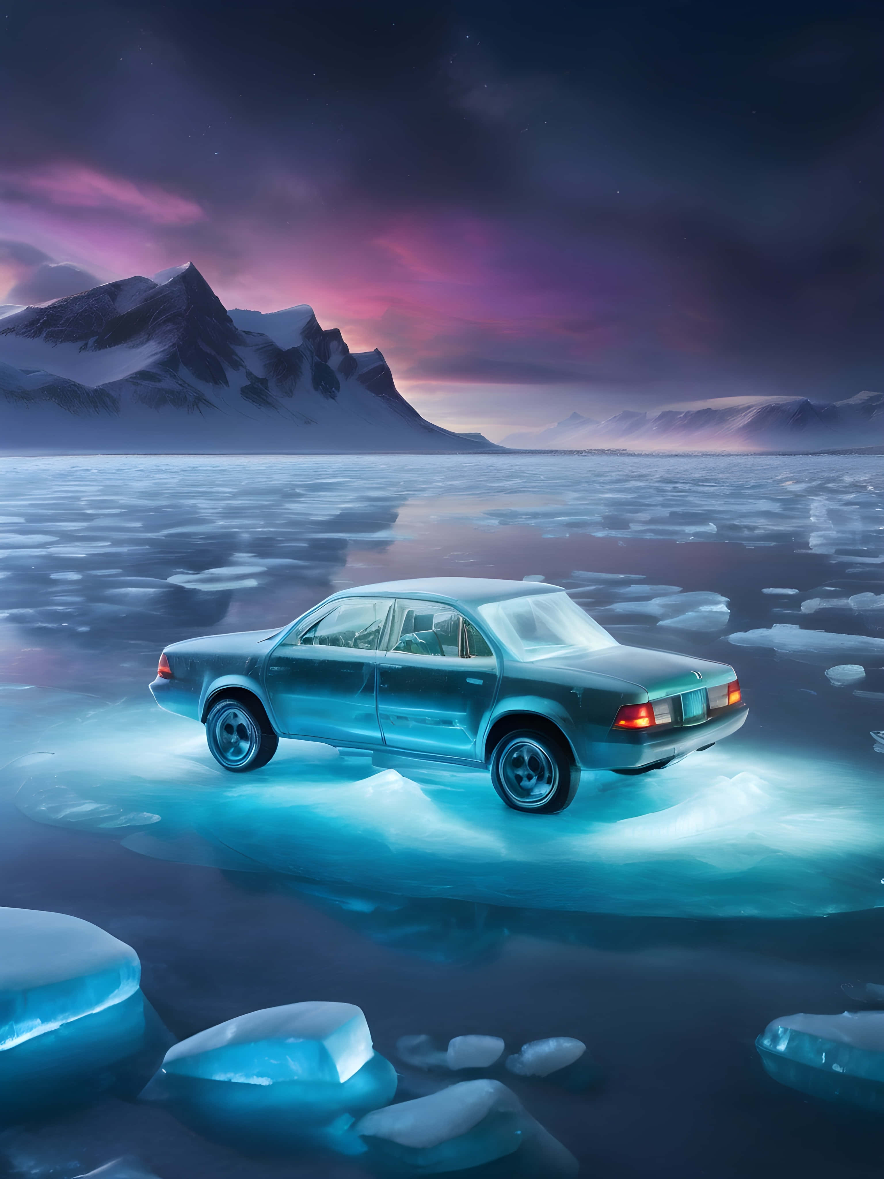 teal sedan, frozen lake, purple aurora, 4K Phone Wallpaper