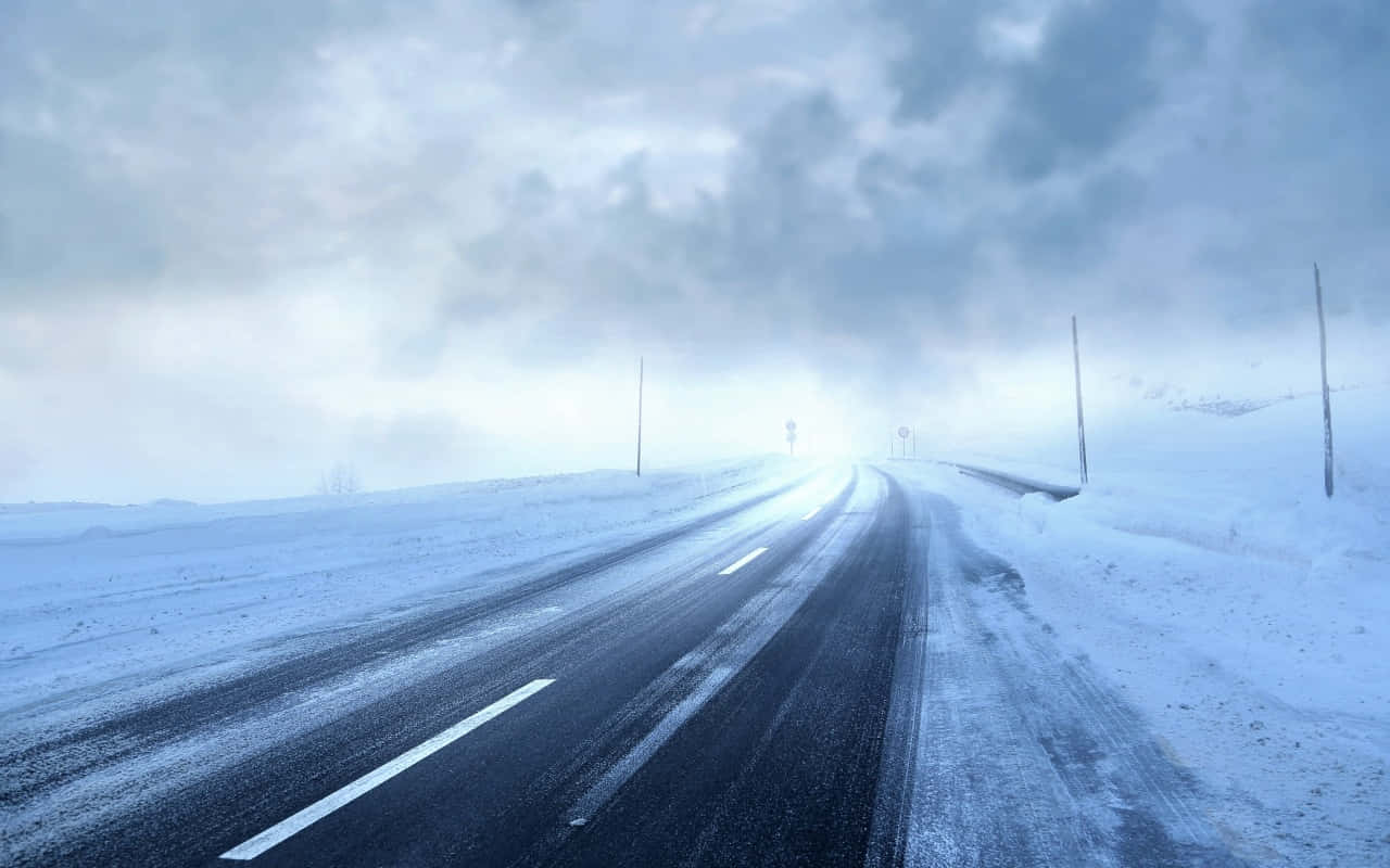 snow-covered road, misty horizon, gray winter sky, HD Desktop Wallpaper