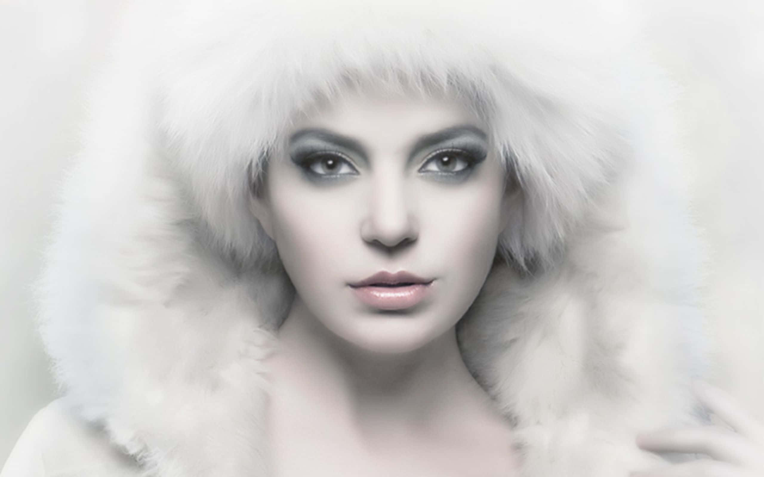 trendy winter outfit, smoky gray eyes, white fur hood, 2K Desktop Wallpaper