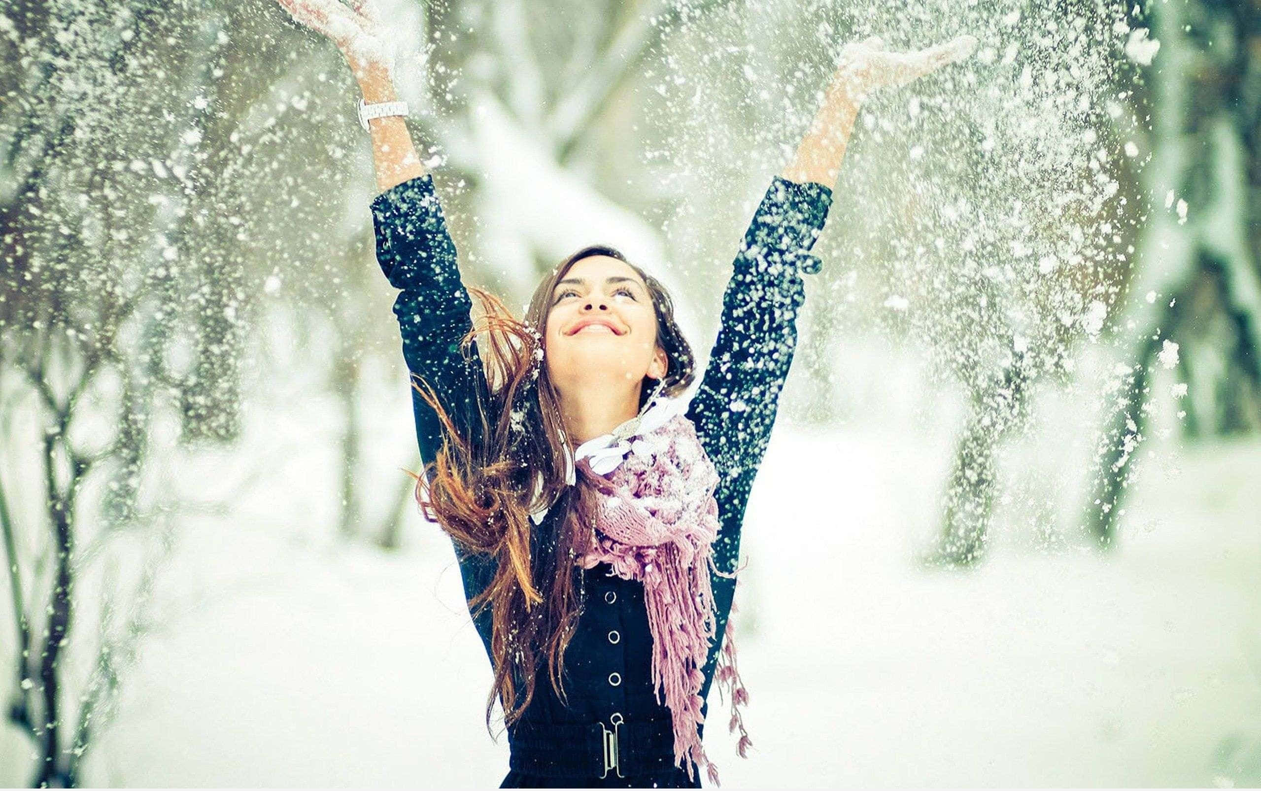 Winter Wonderland Fashionista, snowy winter forest, joyful woman, Full HD Desktop Wallpaper