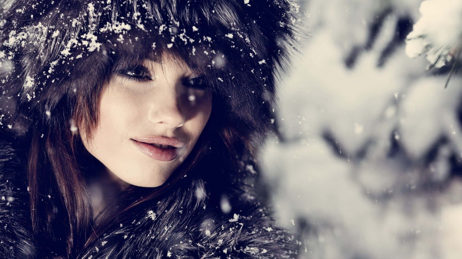 winter fashion, snowy winter forest, fur-lined hood, Full HD Desktop Wallpaper