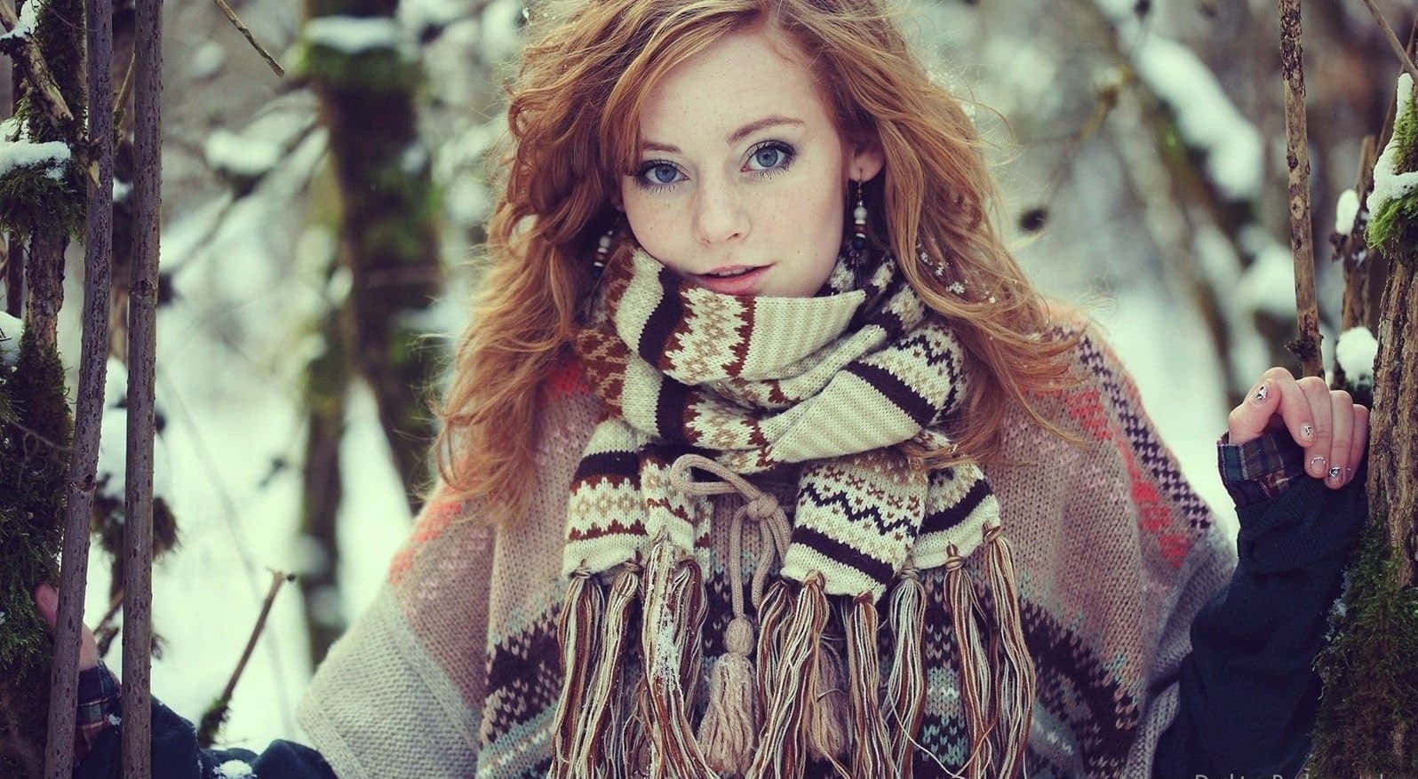 winter fashion, red hair, blue eyes, HD Desktop Wallpaper