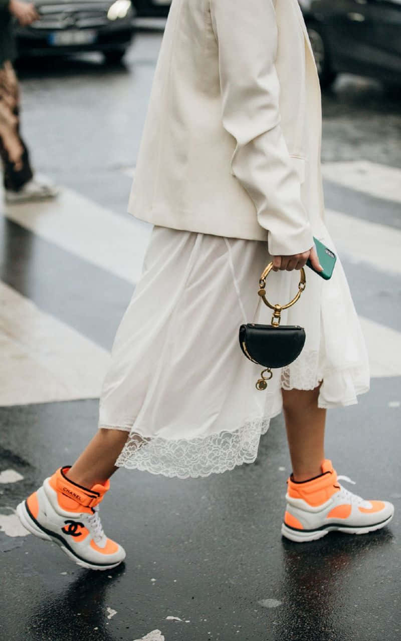 winter fashion, white outfit, bright orange sneakers, HD Phone Wallpaper