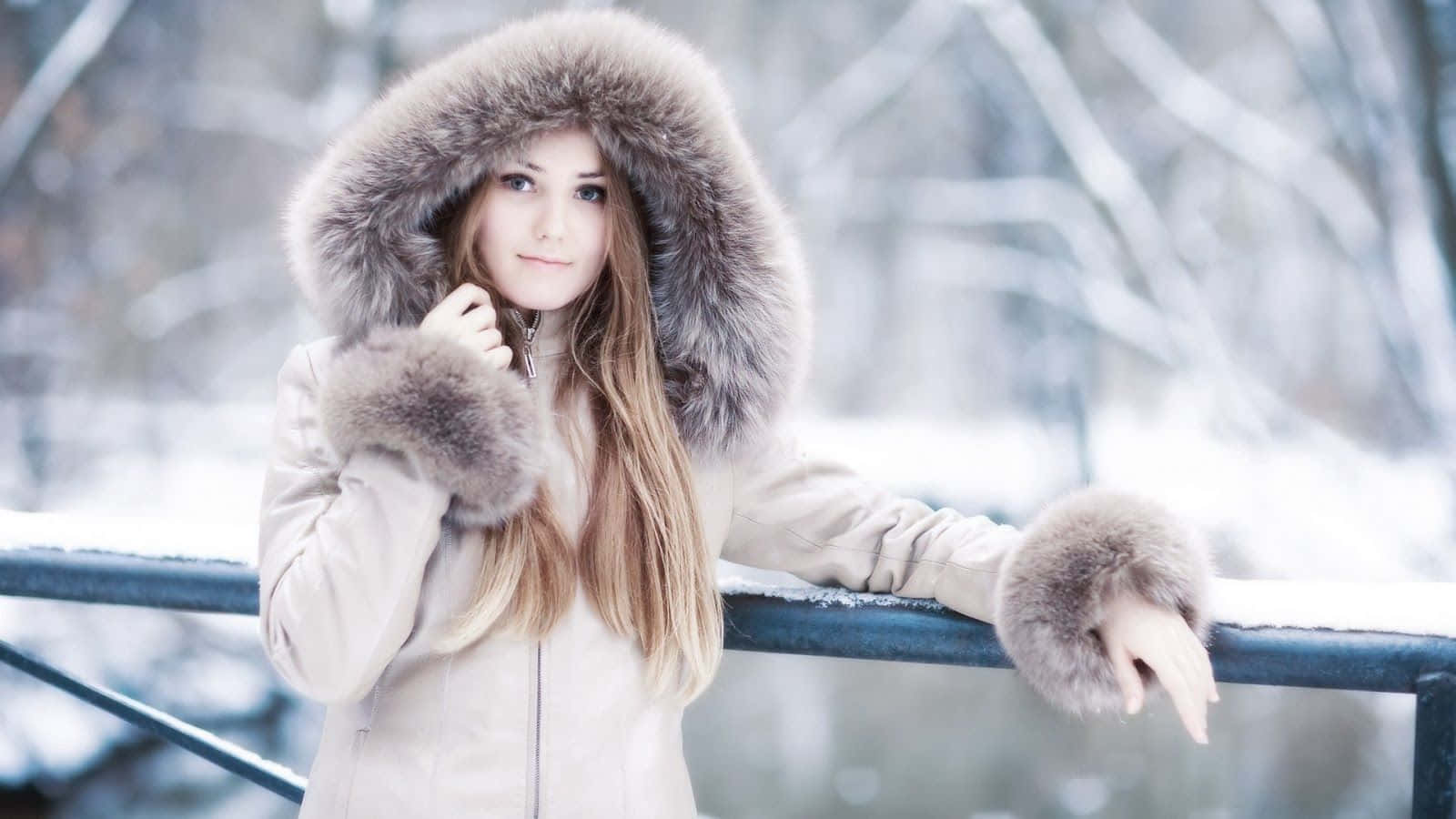 winter fashion, fur-lined winter coat, snowy railing, HD Desktop Wallpaper