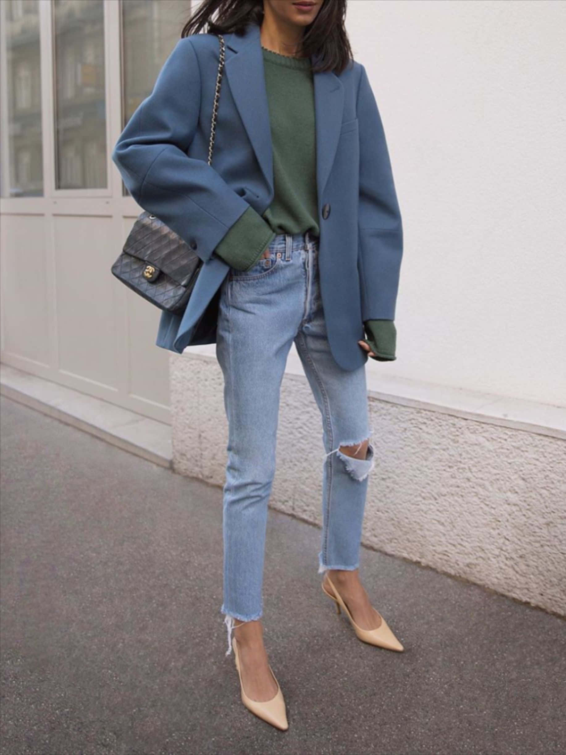 blue blazer, green sweater, ripped jeans, Full HD Phone Wallpaper