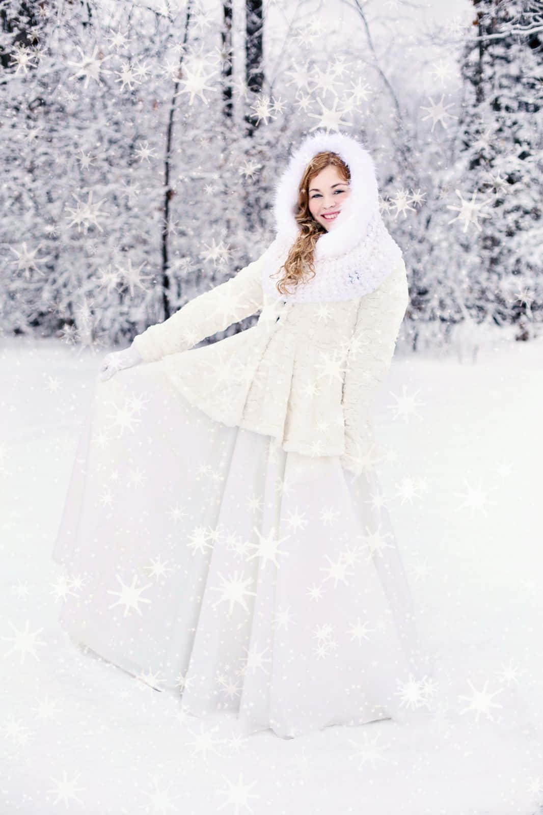 white winter coat, snowy forest, glowing snowflakes, HD Phone Wallpaper