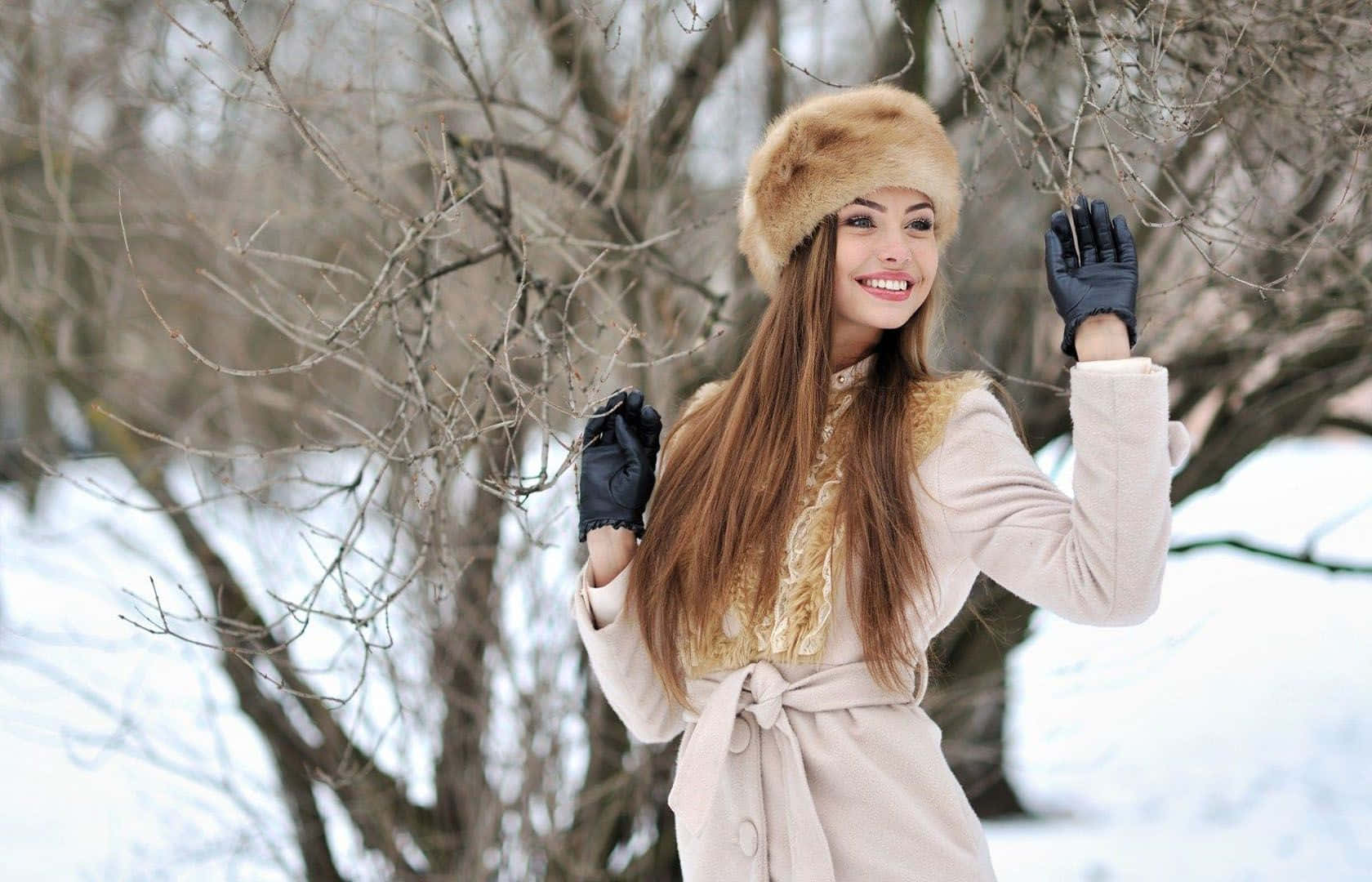 fur hat, beige coat, snowy backdrop, HD Desktop Wallpaper