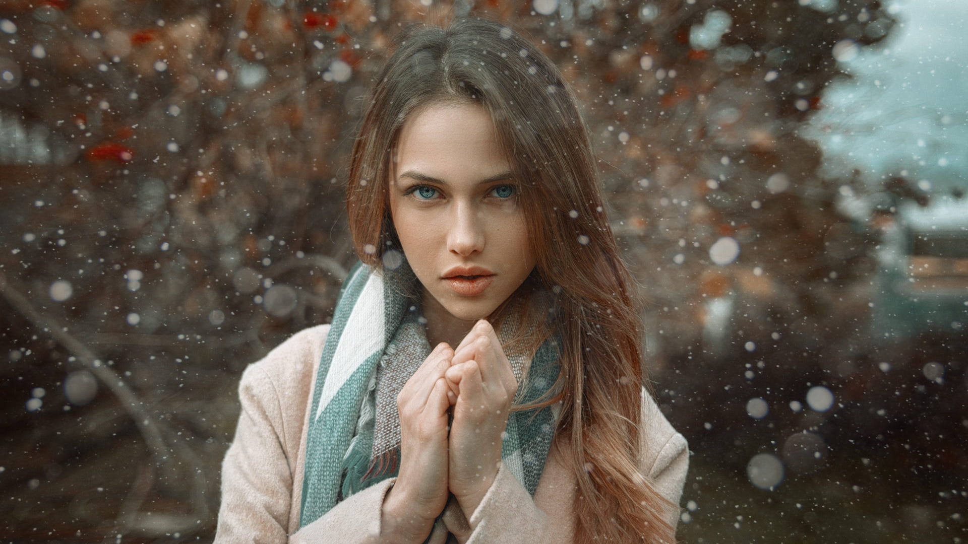 beige coat, patterned scarf, falling snow, Full HD Desktop Wallpaper