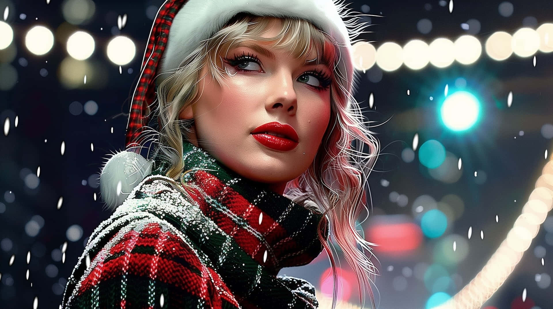 festive red plaid coat, Santa hat, falling snow, Full HD Desktop Wallpaper