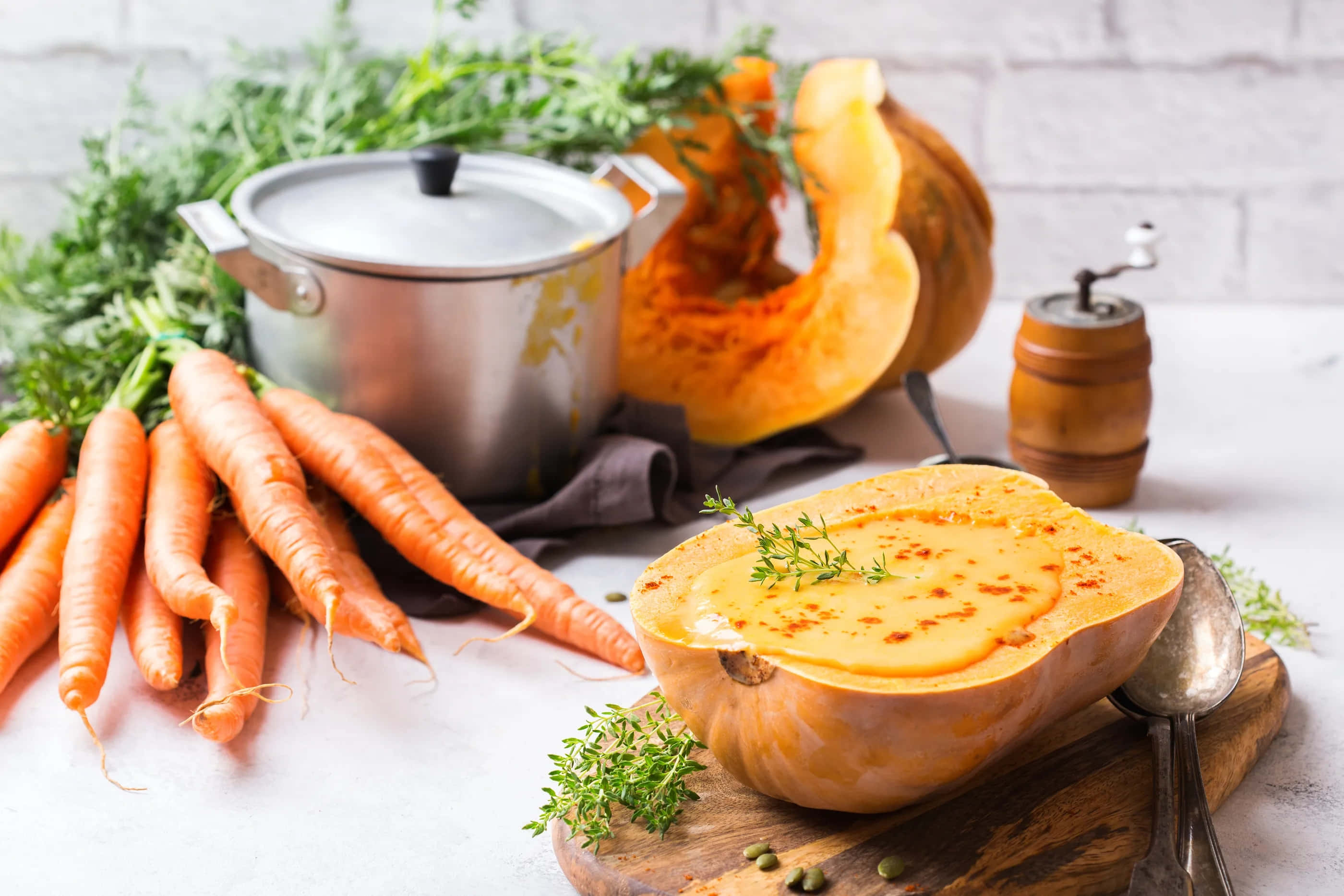 Winter Food, creamy pumpkin soup, thyme, 2K Desktop Wallpaper