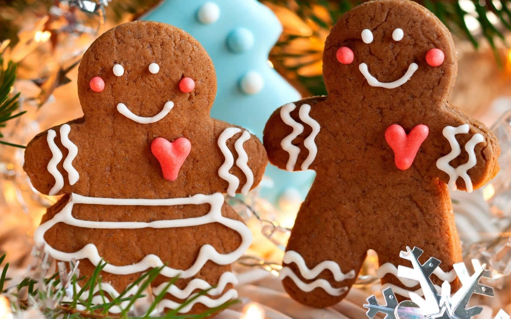 gingerbread people, white icing, pink hearts, HD Desktop Wallpaper