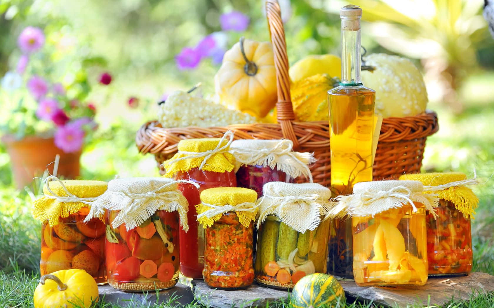 Winter Food, sunlit jars, colorful pickled vegetables, HD Desktop Wallpaper