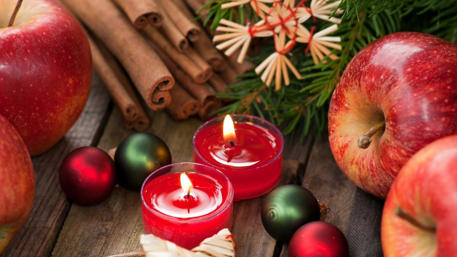 rustic wooden table, glowing red candles, shiny ornaments, Full HD Desktop Wallpaper