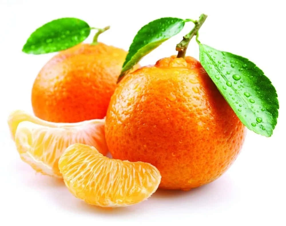 mandarins, dewy green leaves, peeled segments, SD Desktop Wallpaper