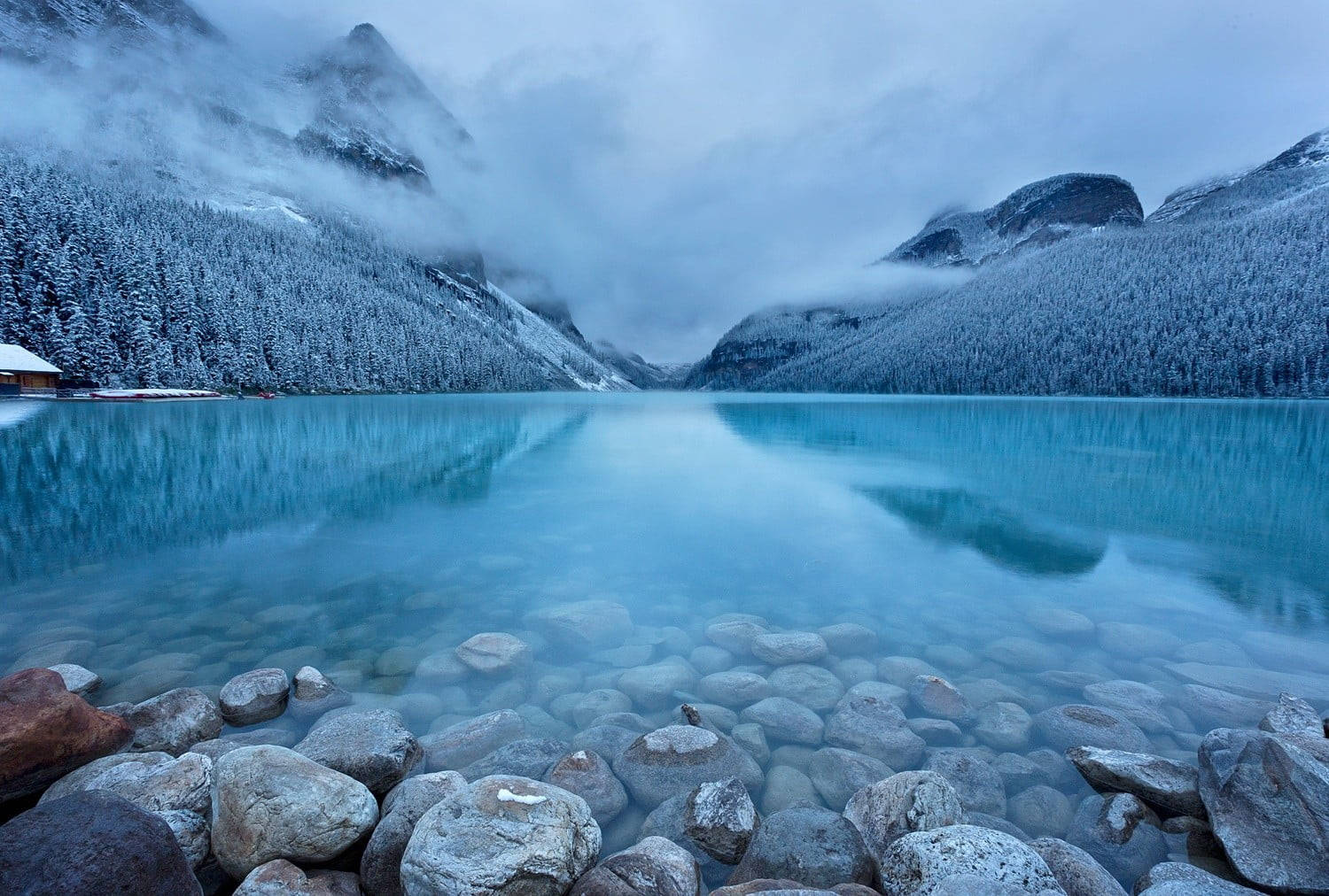 Winter Mountain Lake Serenity, snowcapped mountains, evergreen forests, HD Desktop Wallpaper