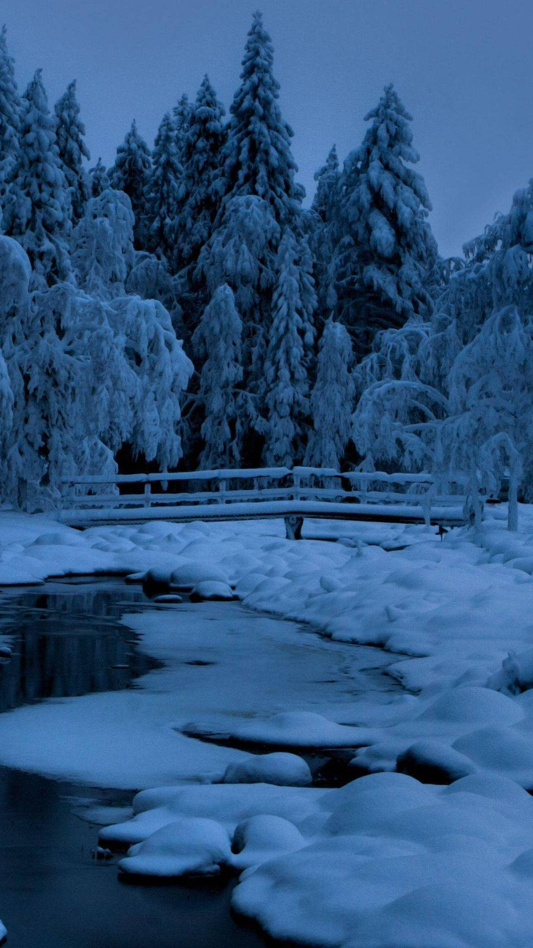 Winter Forest, snow-covered wooden bridge, partially frozen stream, Full HD Phone Wallpaper