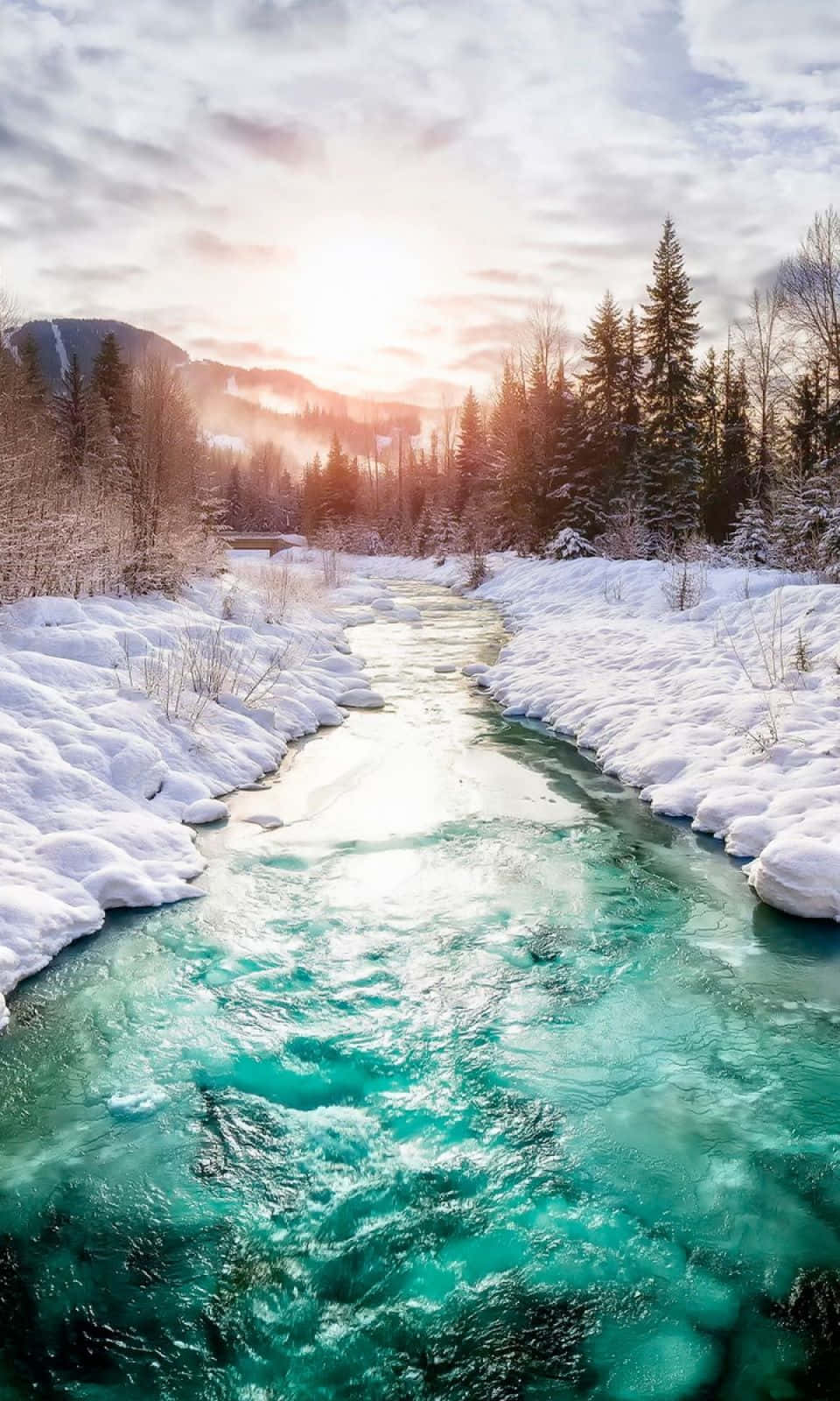 turquoise river, snowy winter forest, sunrise, HD Phone Wallpaper