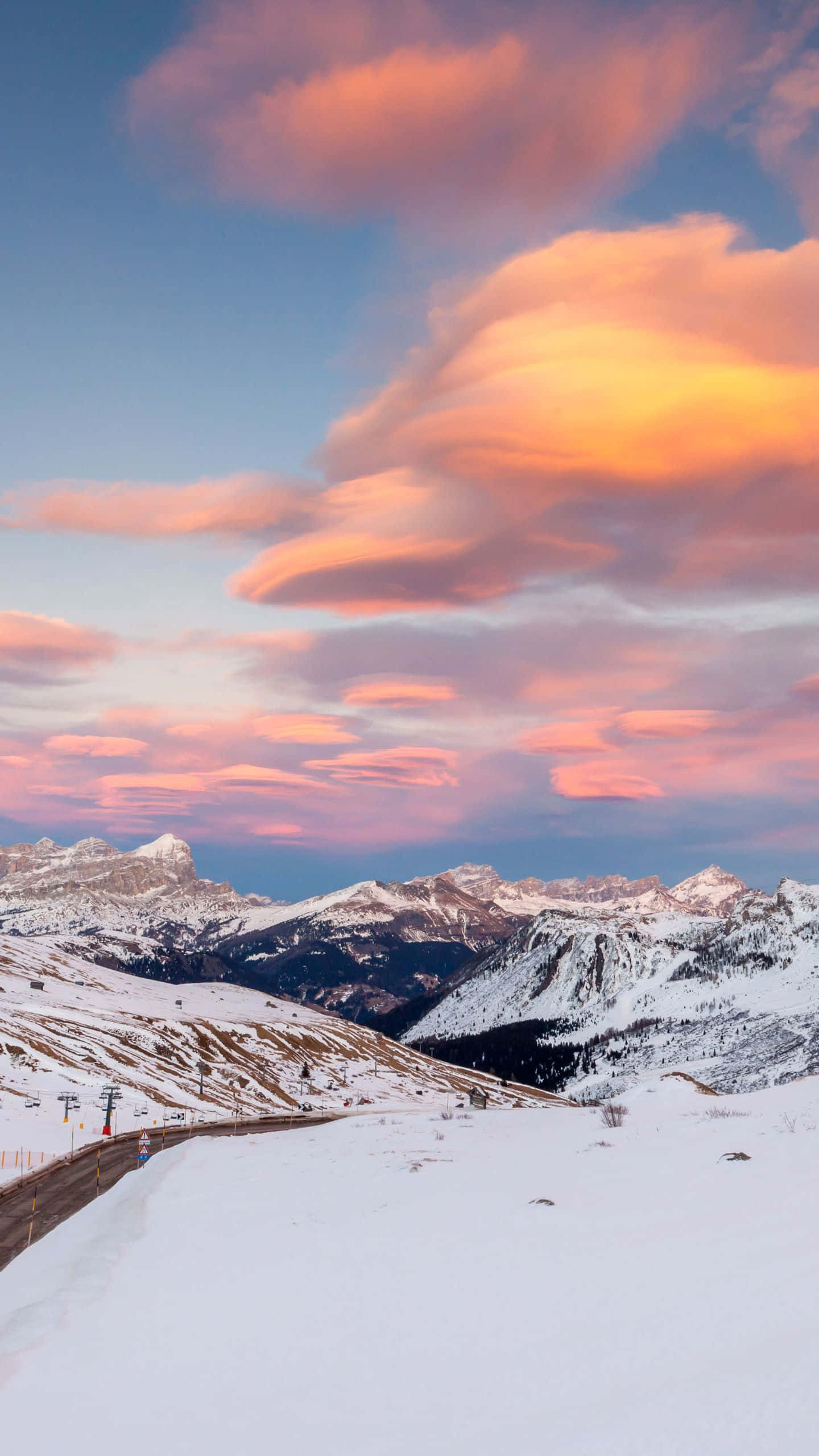 snowy mountain peaks, vibrant sunset, lenticular clouds, 2K Phone Wallpaper