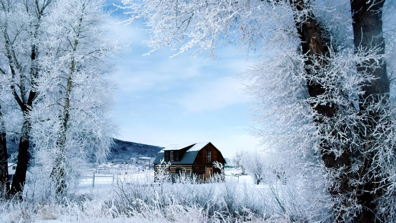 1366 x 768, winter cabin, frost-covered winter forest, HD Desktop Wallpaper