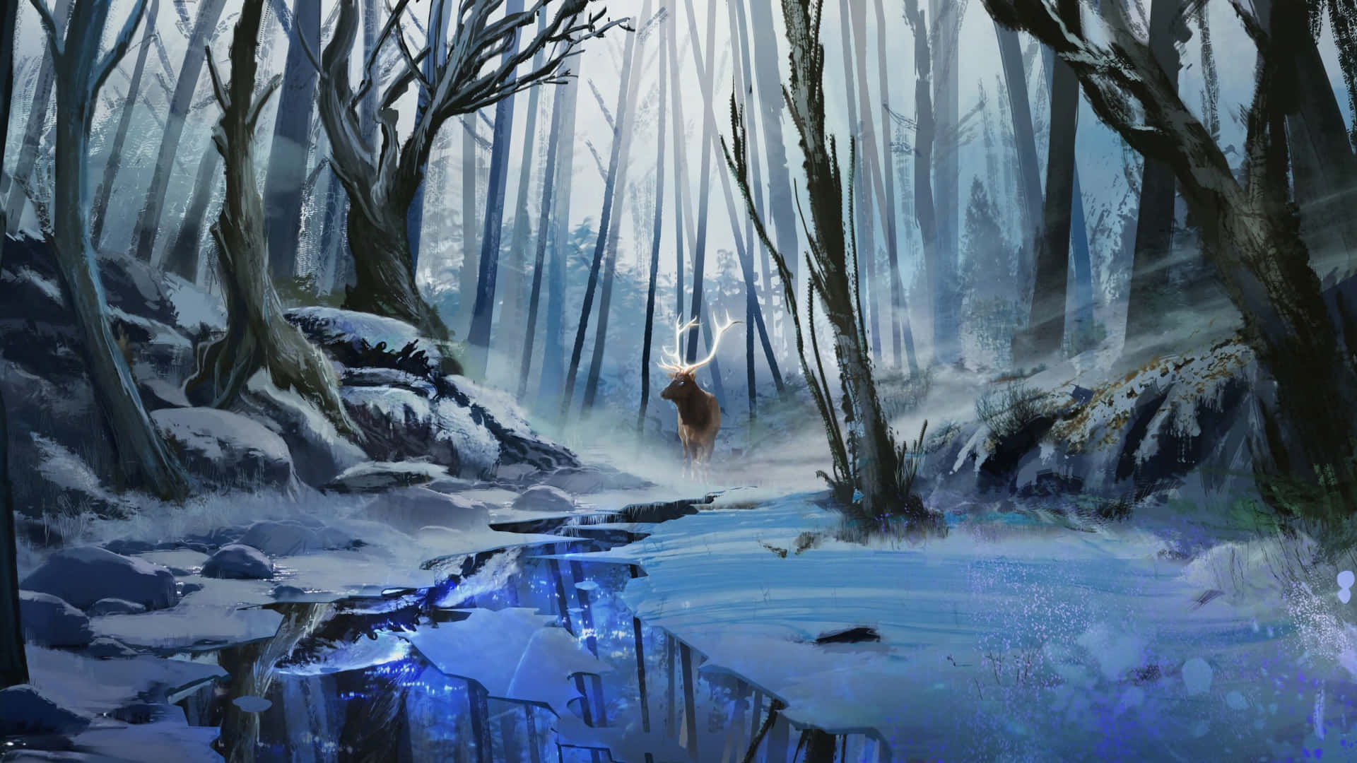 Winter Forest, majestic deer, glowing antlers, Full HD Desktop Wallpaper