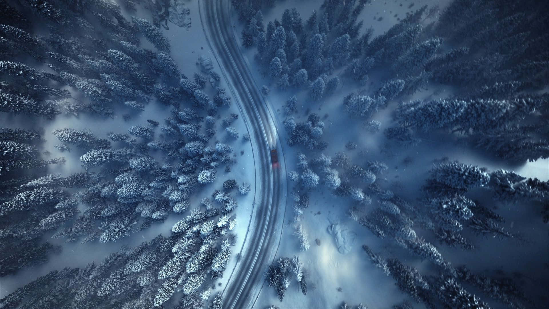 winter forest, red car, winding snowy road, Full HD Desktop Wallpaper